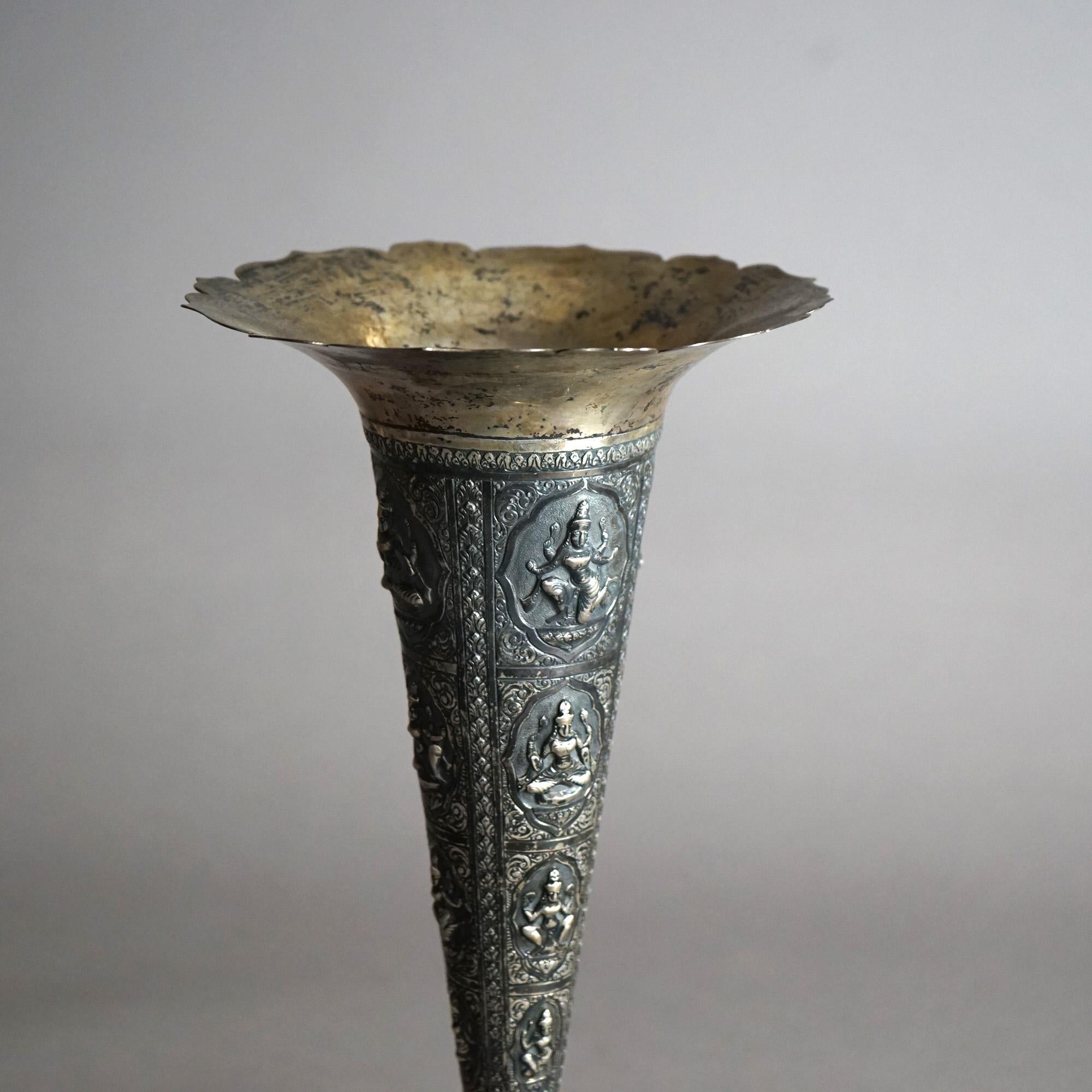 Antique Tibetan 800 Silver Figural Embossed Shiva Tall Vase with Fluted Rim  For Sale 4