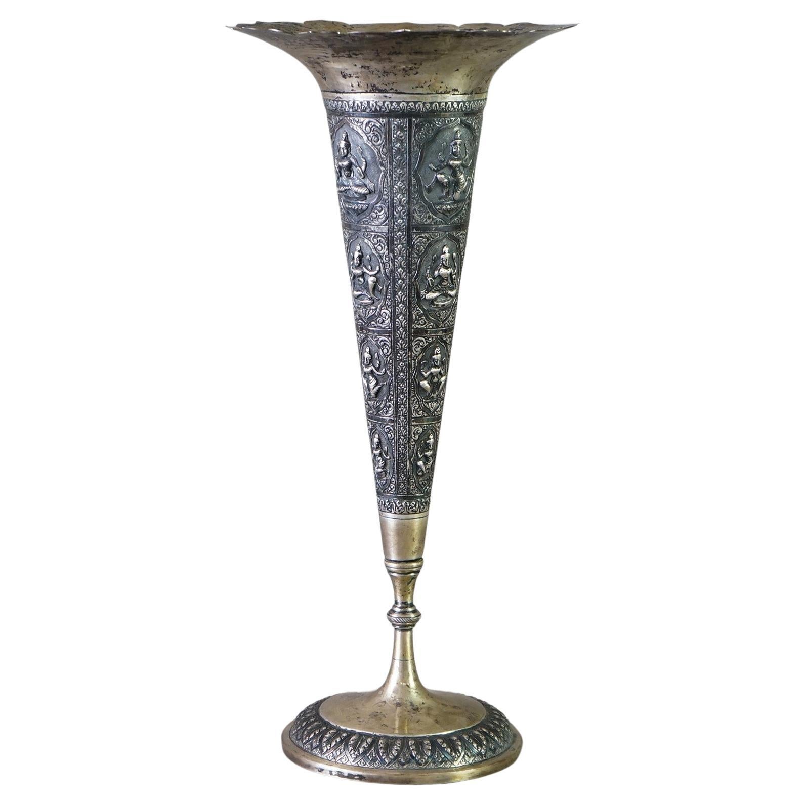 Antique Tibetan 800 Silver Figural Embossed Shiva Tall Vase with Fluted Rim  For Sale