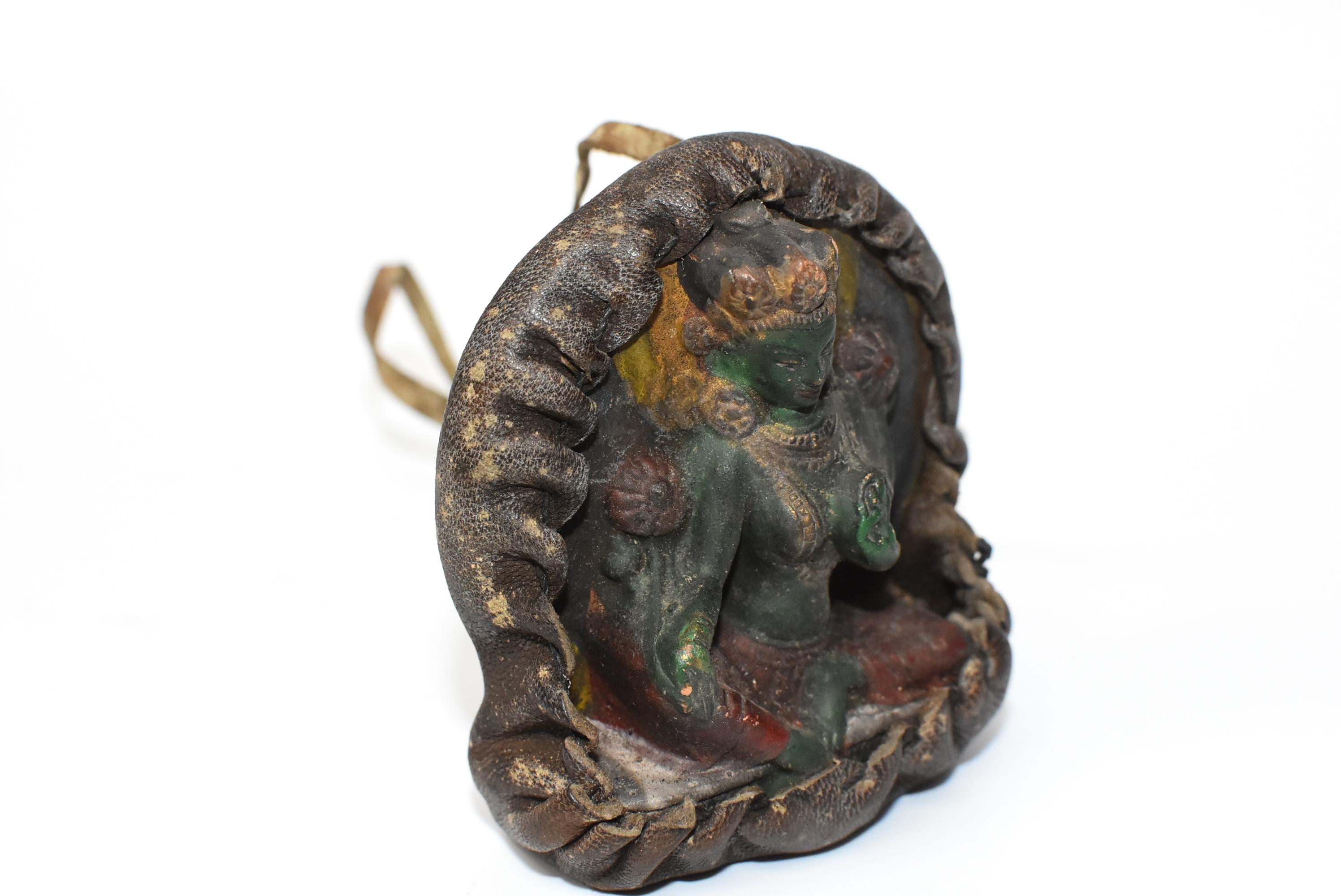 Hand-Carved Antique Tibetan Amulet, Leather with Green Tara