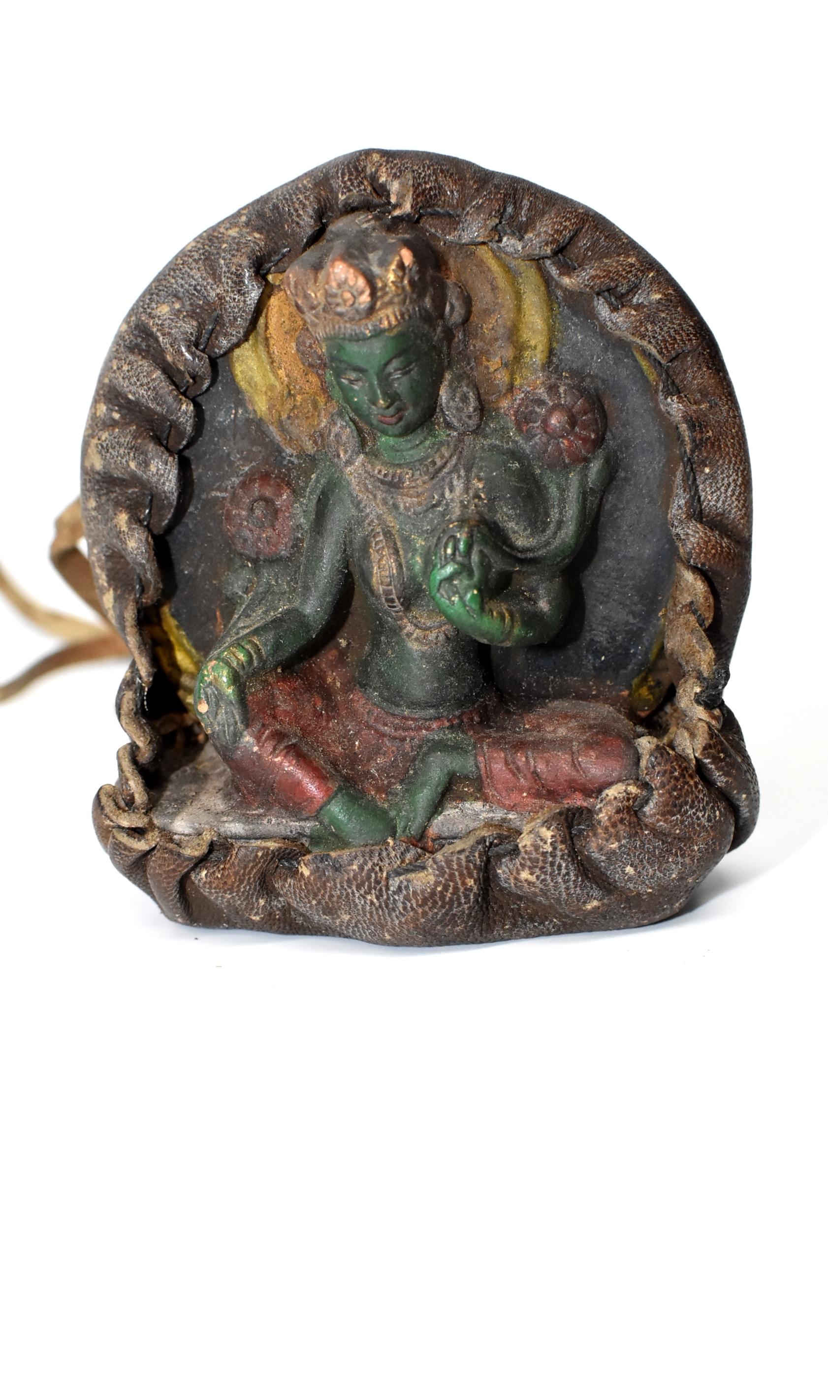 20th Century Antique Tibetan Amulet, Leather with Green Tara