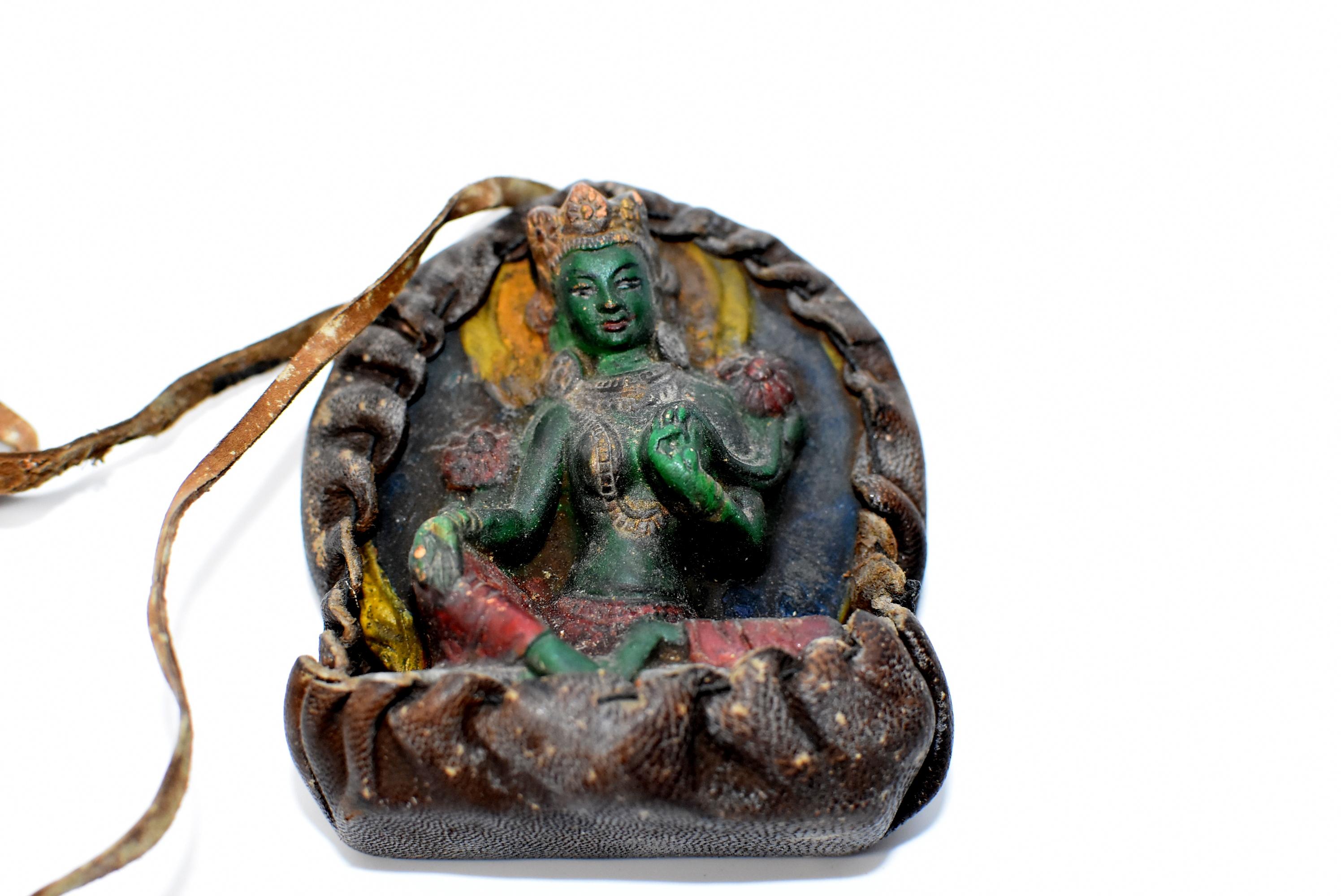 Antique Tibetan Amulet, Leather with Green Tara 1