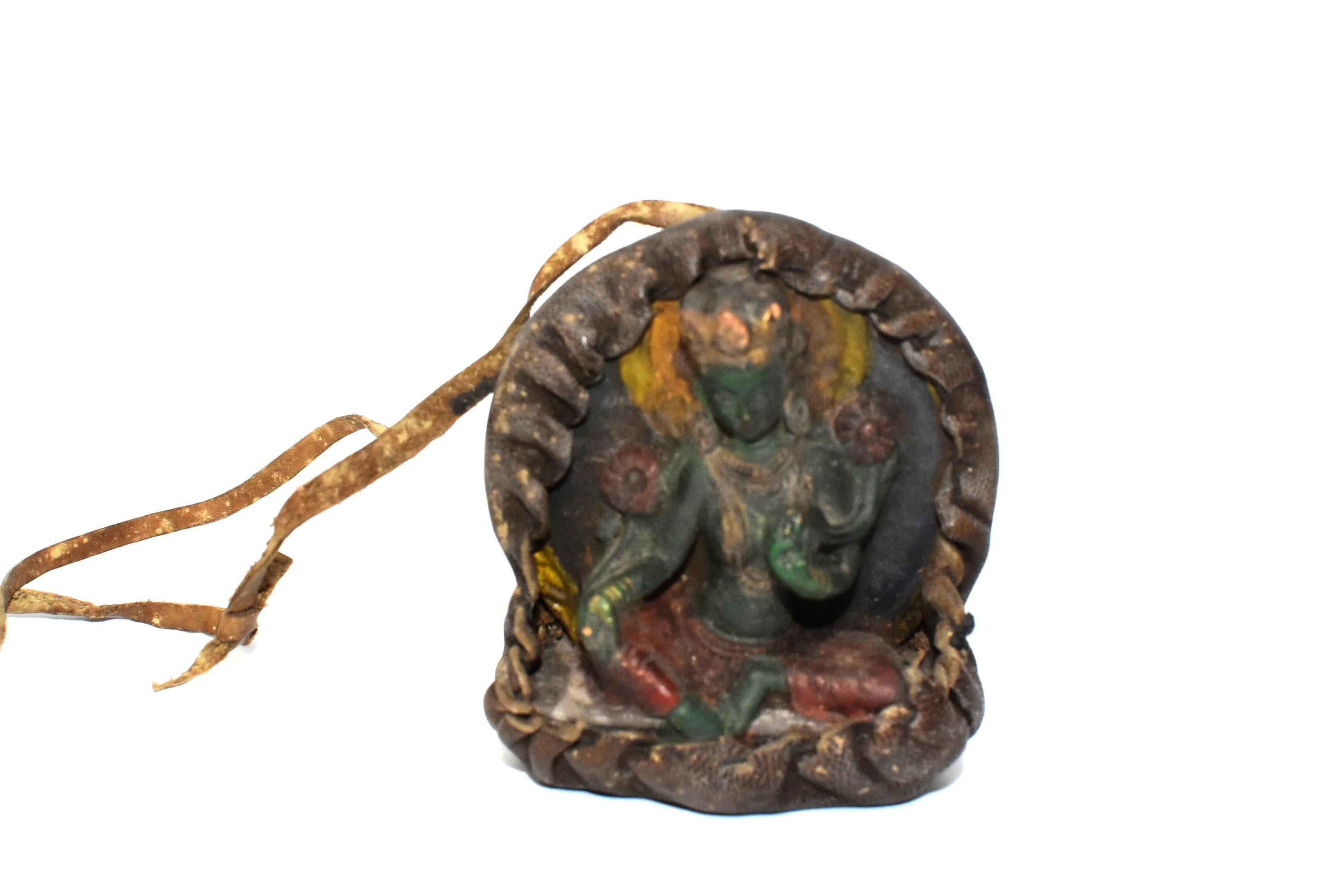 Antique Tibetan Amulet, Leather with Green Tara 2