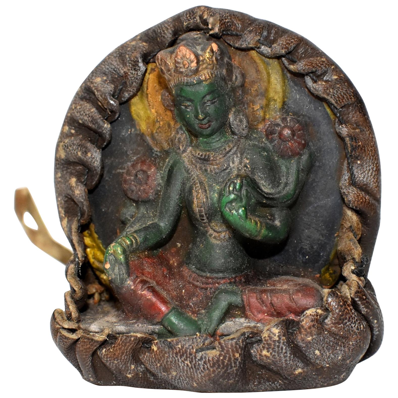 Antique Tibetan Amulet, Leather with Green Tara