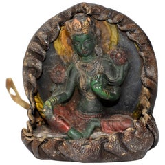 Amulettes tibétaines anciennes, cuir avec Tara verte