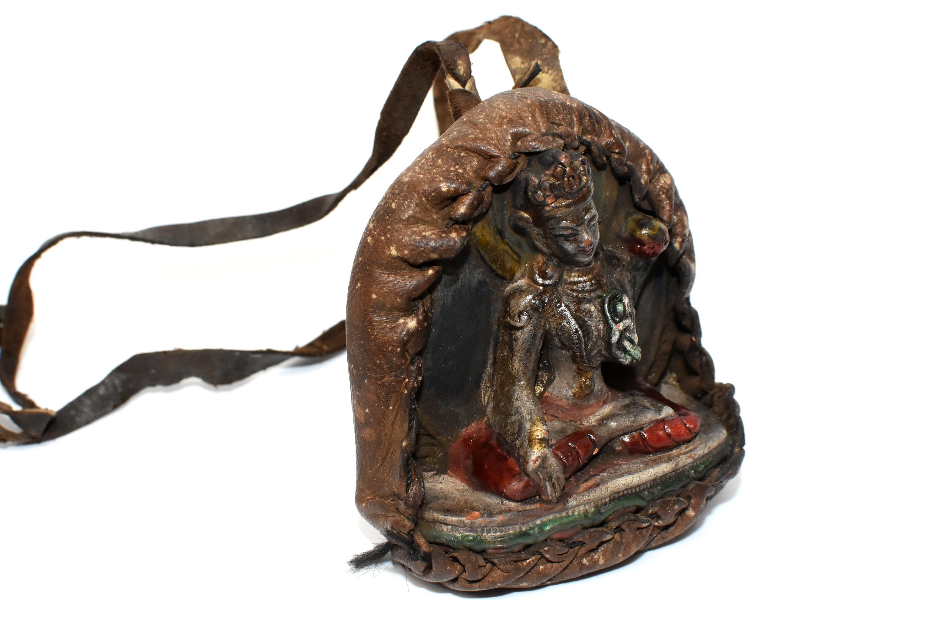 Antique Tibetan Amulet, Leather with Silvered Terracotta Tara In Good Condition In Somis, CA
