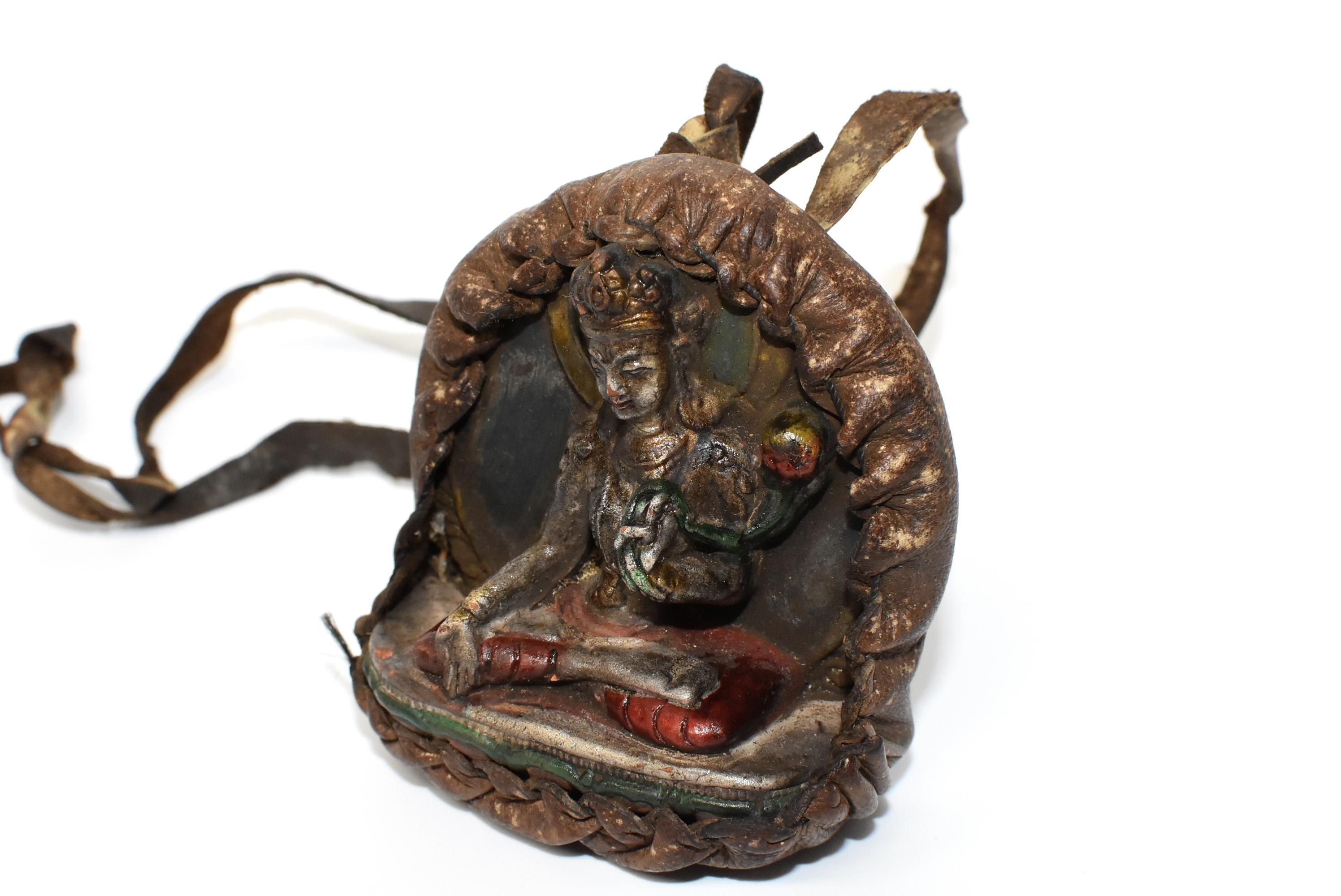 20th Century Antique Tibetan Amulet, Leather with Silvered Terracotta Tara