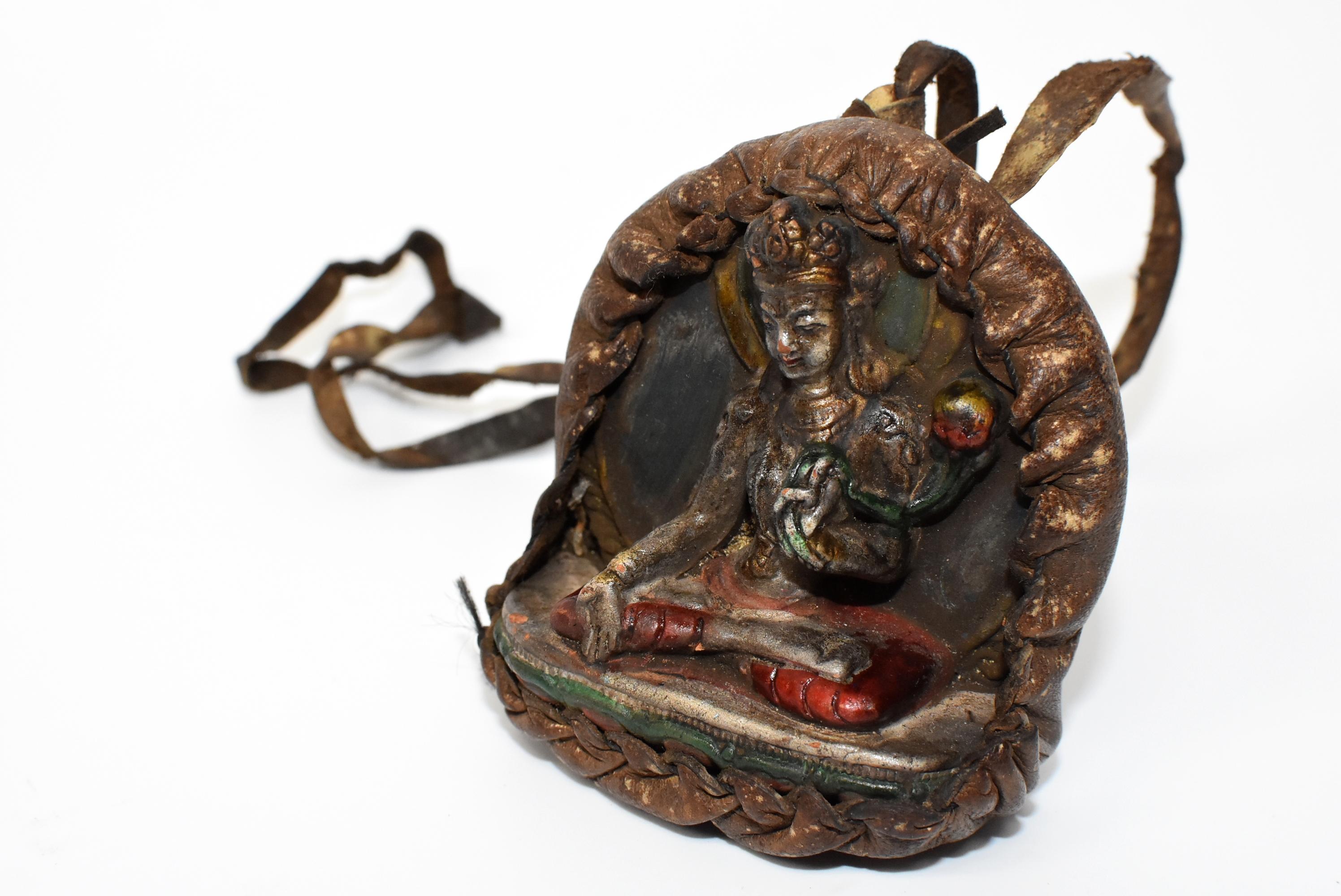 Antique Tibetan Amulet, Leather with Silvered Terracotta Tara 4