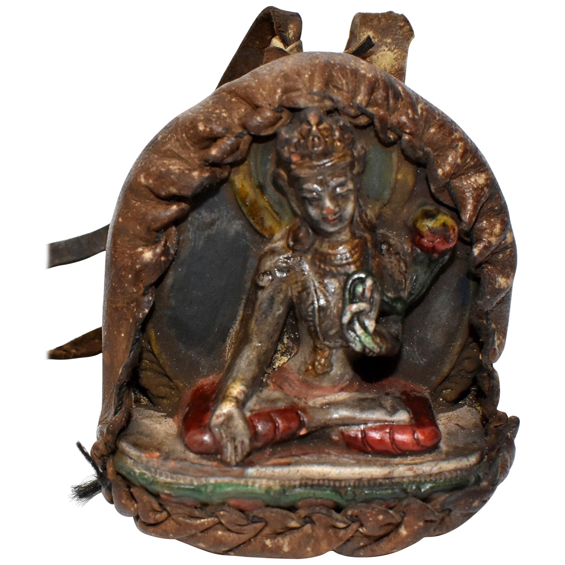 Antique Tibetan Amulet, Leather with Silvered Terracotta Tara