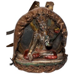 Antique Tibetan Amulet, Leather with Silvered Terracotta Tara