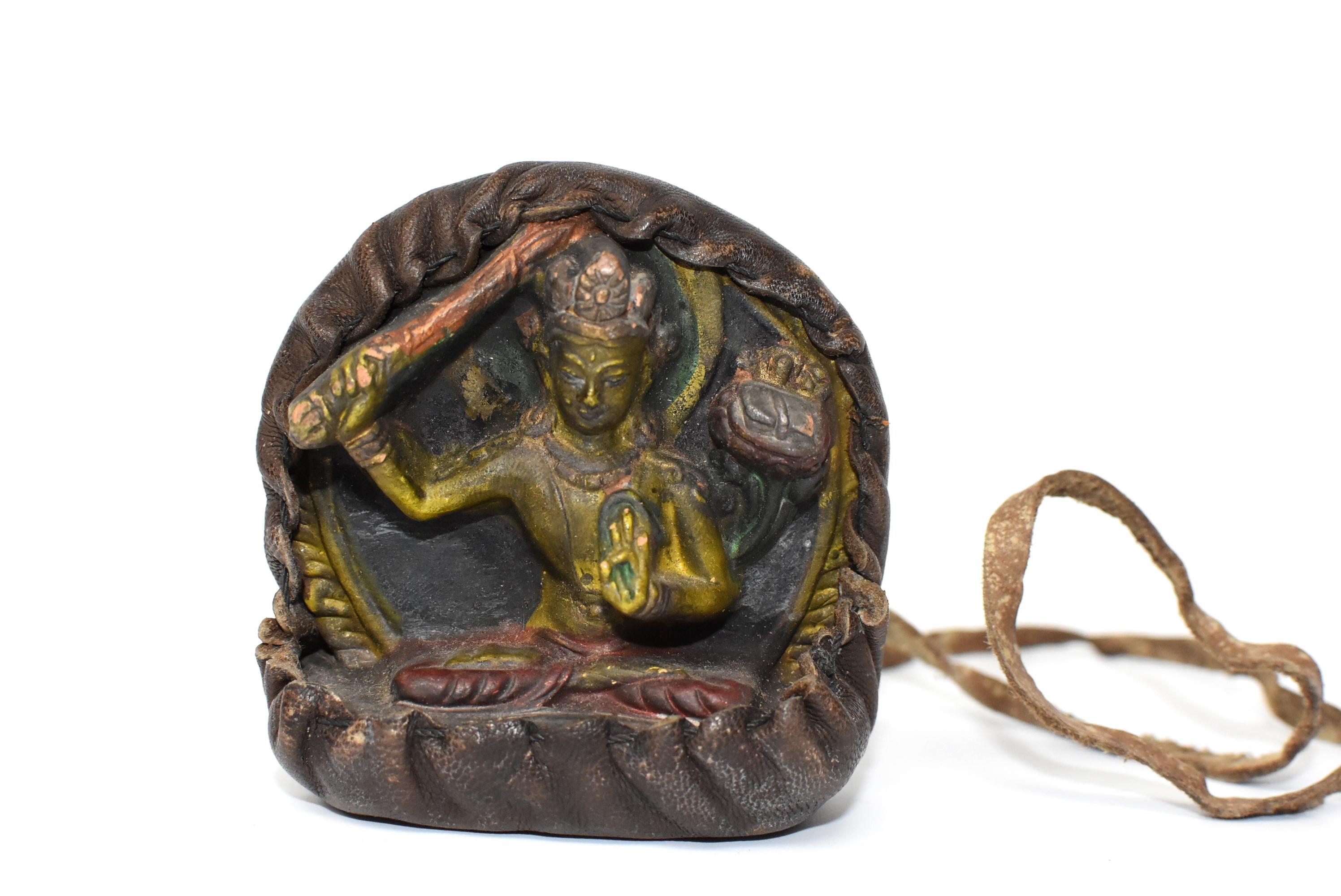 Hand-Carved Antique Tibetan Amulet, Leather with Tara Holding Sword
