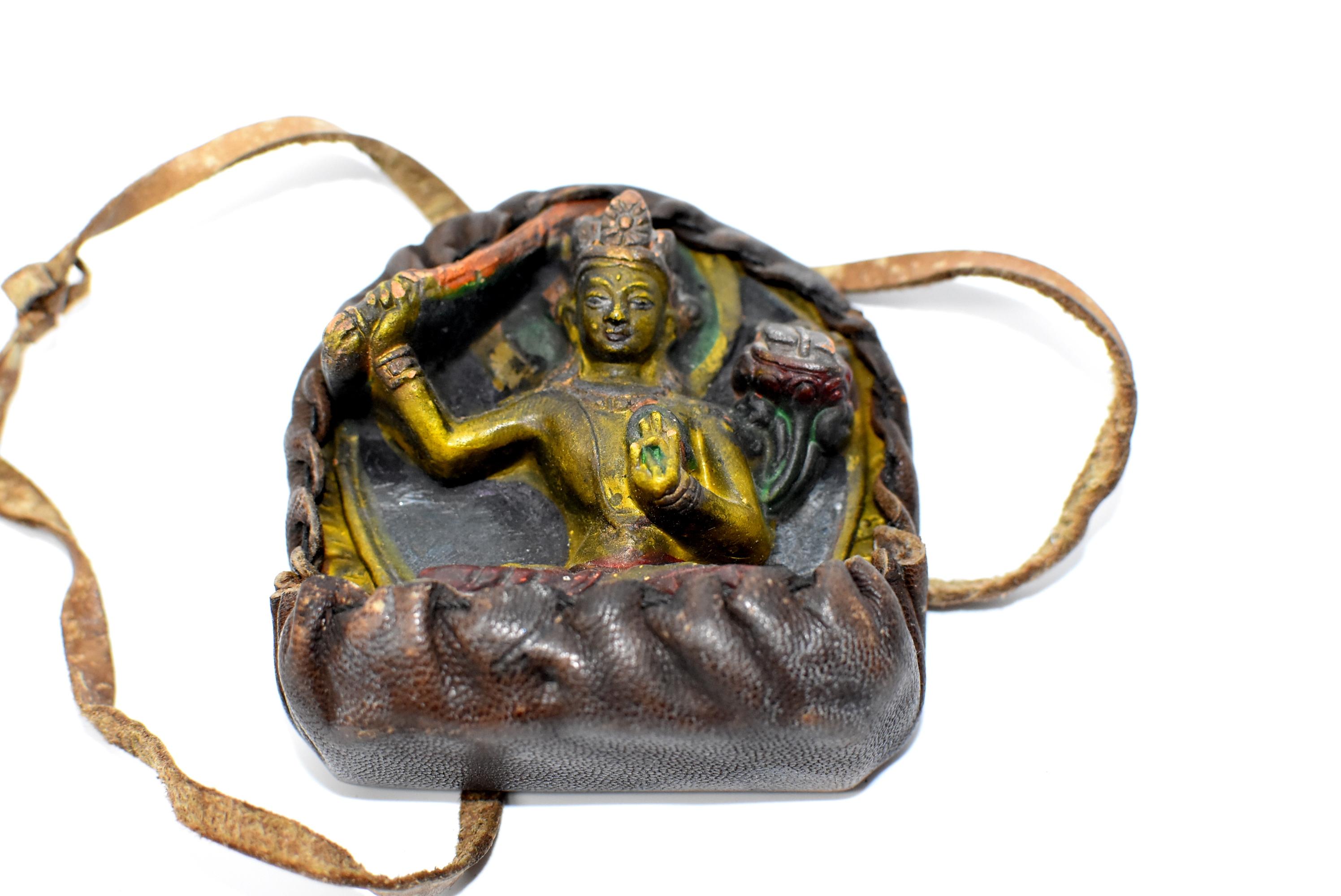 Antique Tibetan Amulet, Leather with Tara Holding Sword 3