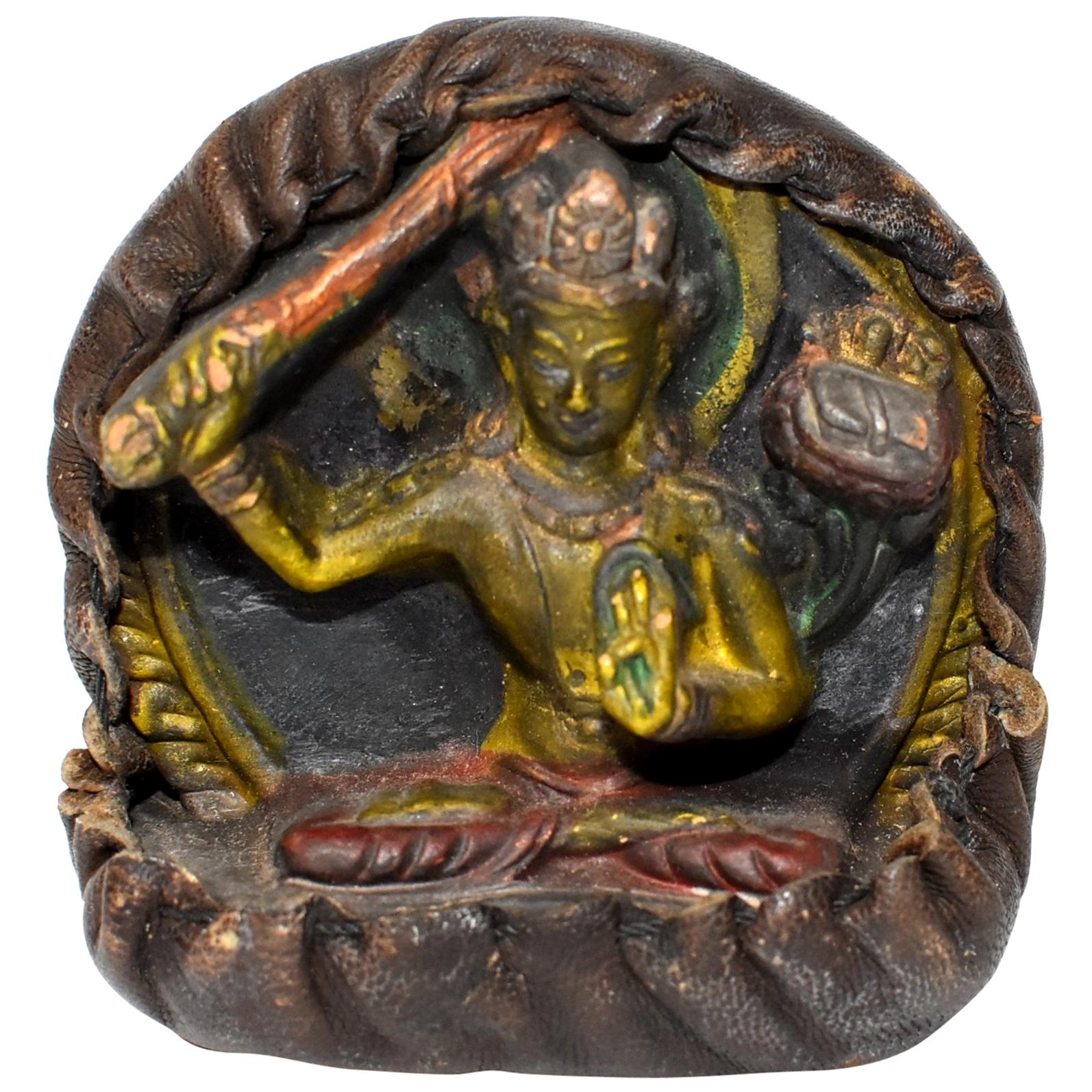 Antique Tibetan Amulet, Leather with Tara Holding Sword