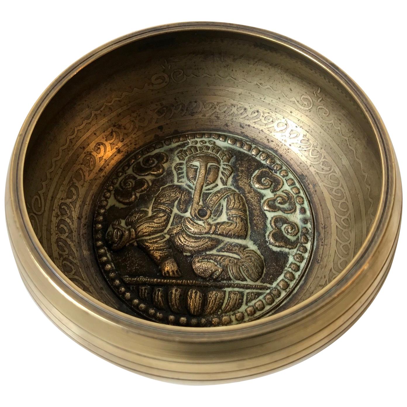 Antique Tibetan Brass Meditation Bowl with Ganesha, circa 1900