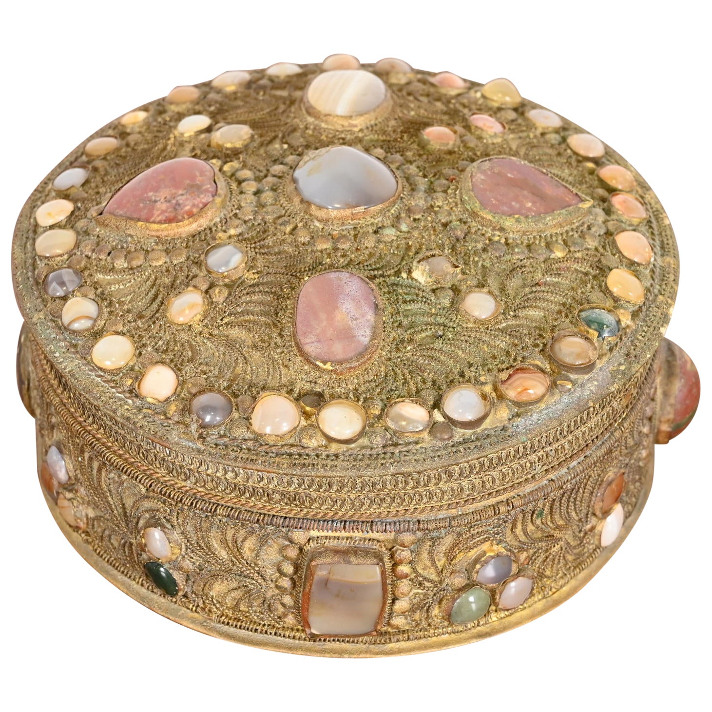 Antique Tibetan Bronze Filigree and Agate Ceremonial Wedding Box For Sale