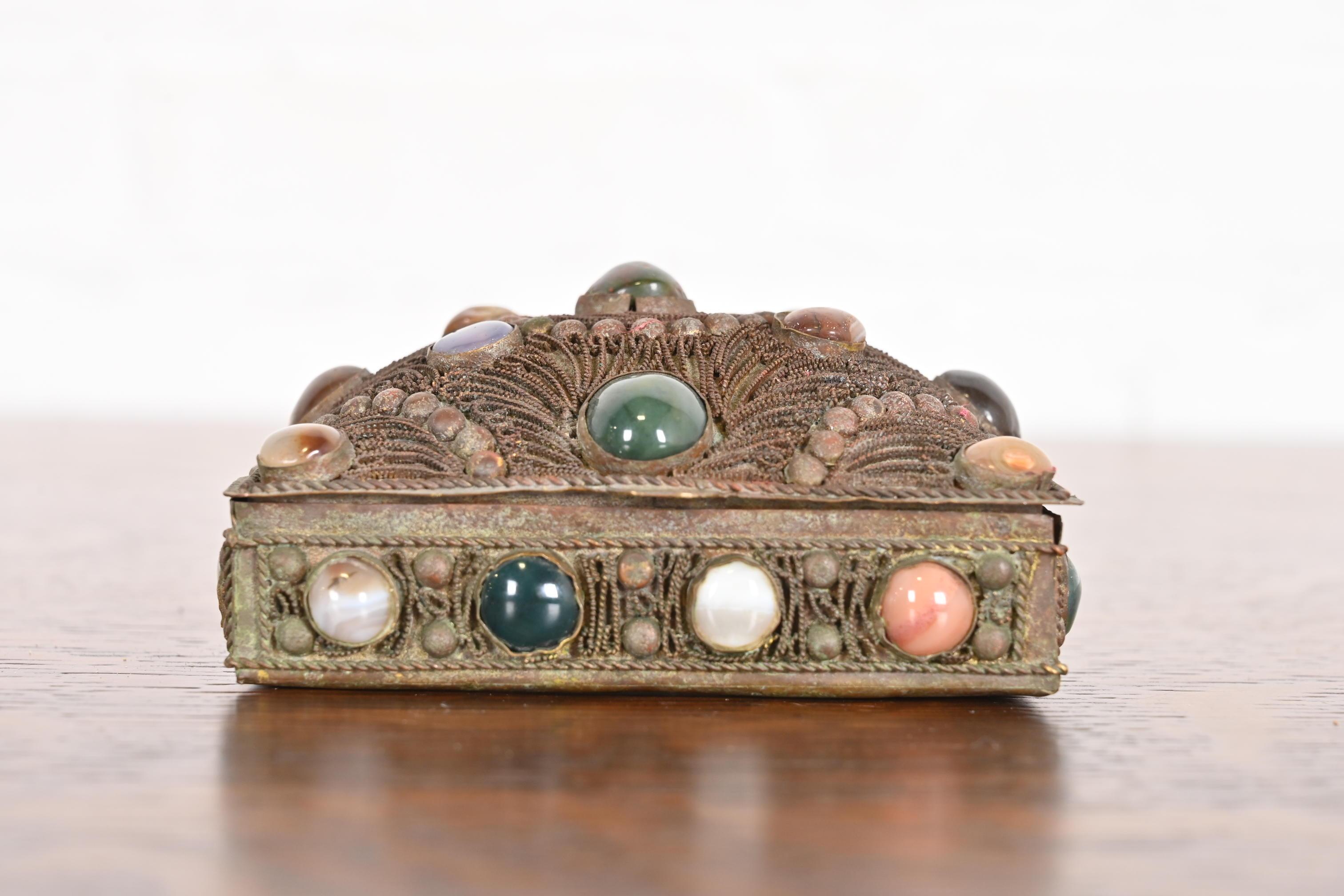 Arts and Crafts Antique Tibetan Bronze Filigree and Agate Jewelry Box For Sale