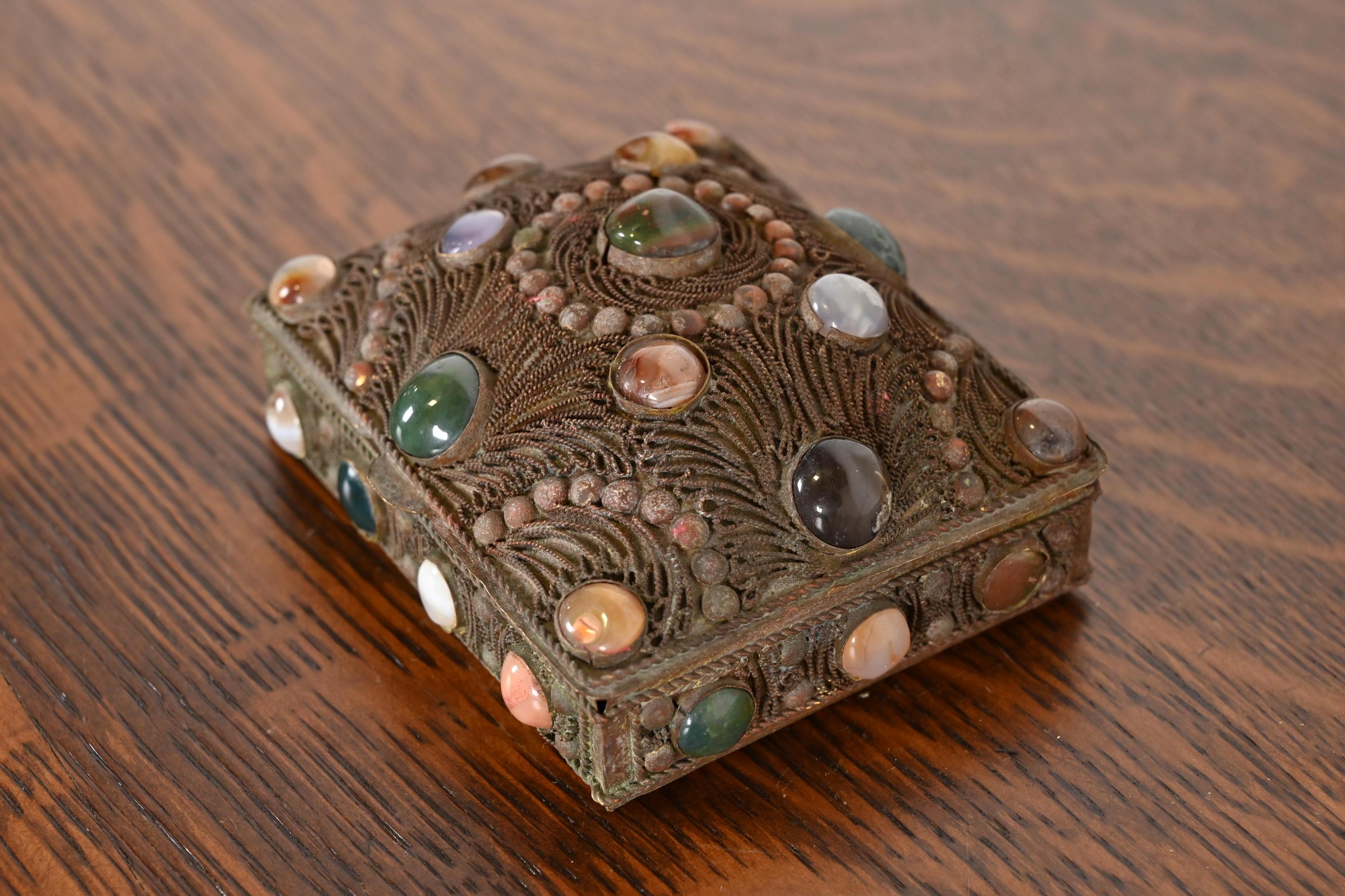 Chinese Antique Tibetan Bronze Filigree and Agate Jewelry Box For Sale