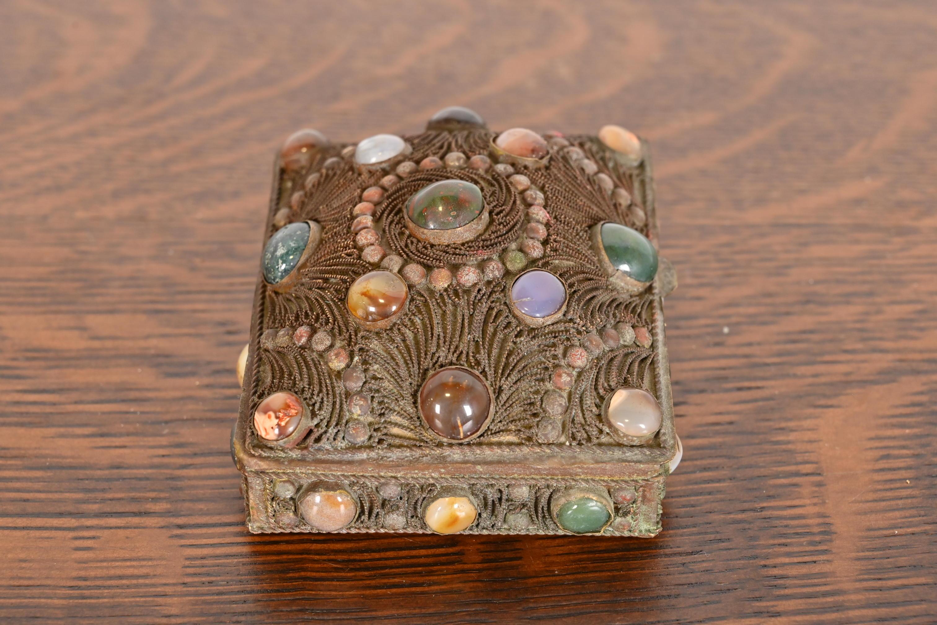 20th Century Antique Tibetan Bronze Filigree and Agate Jewelry Box For Sale