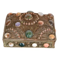 Antique Tibetan Bronze Filigree and Agate Jewelry Box
