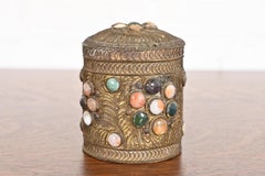 Antique pot à bijoux tibétain en bronze filigrane et agate