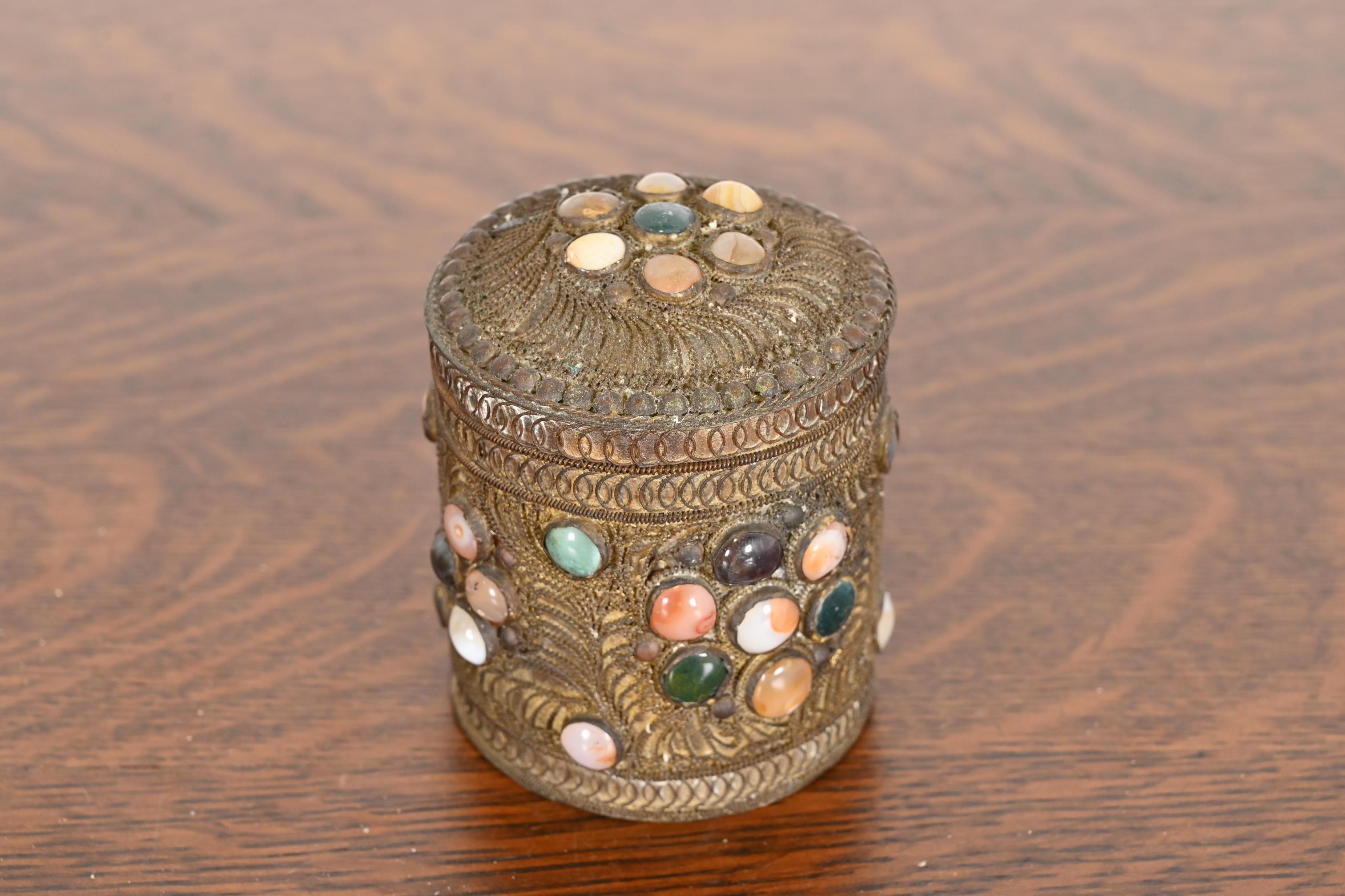 Arts and Crafts Antique Tibetan Bronze Filigree and Agate Trinket Jar For Sale