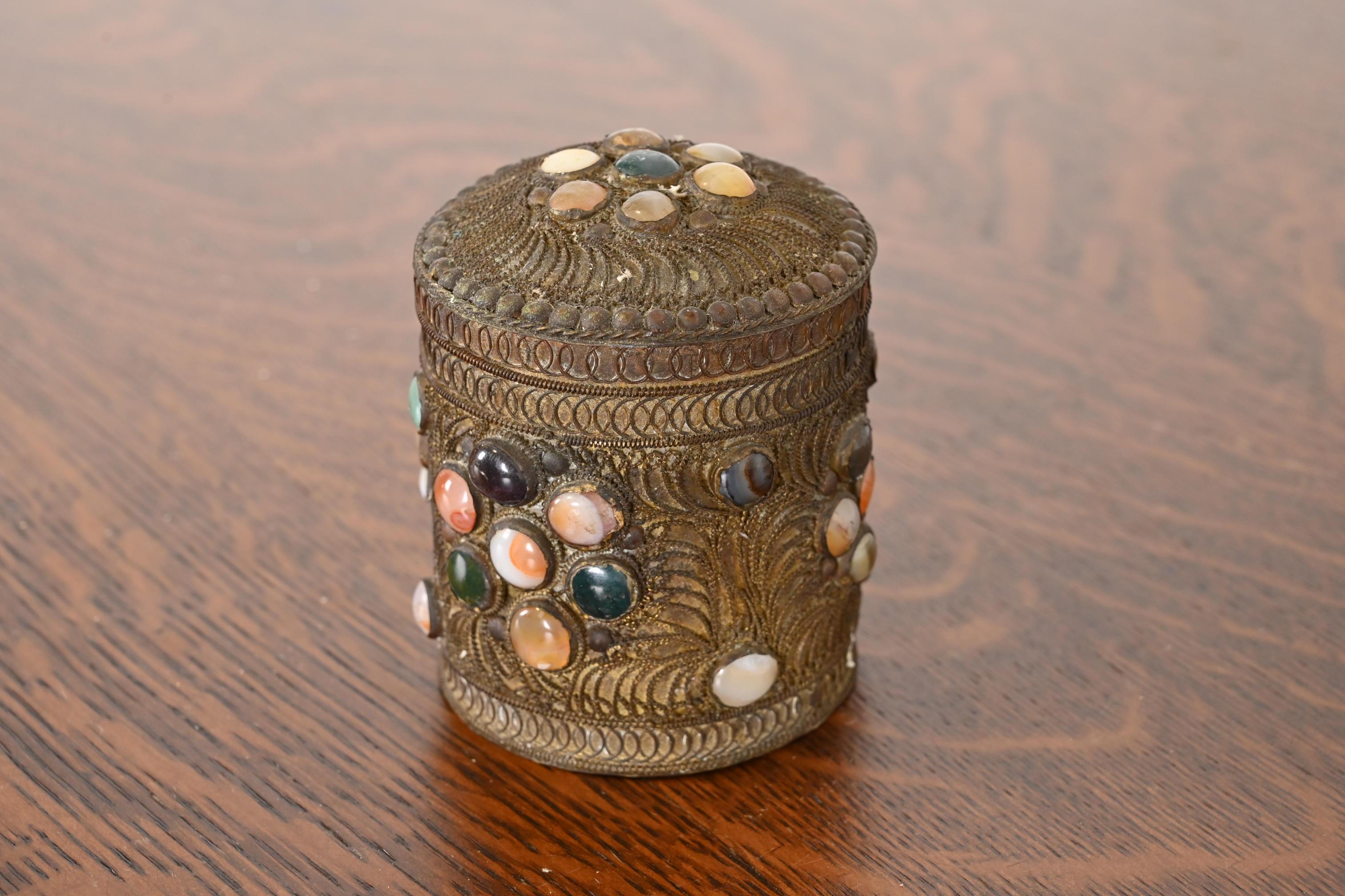 Chinese Antique Tibetan Bronze Filigree and Agate Trinket Jar For Sale