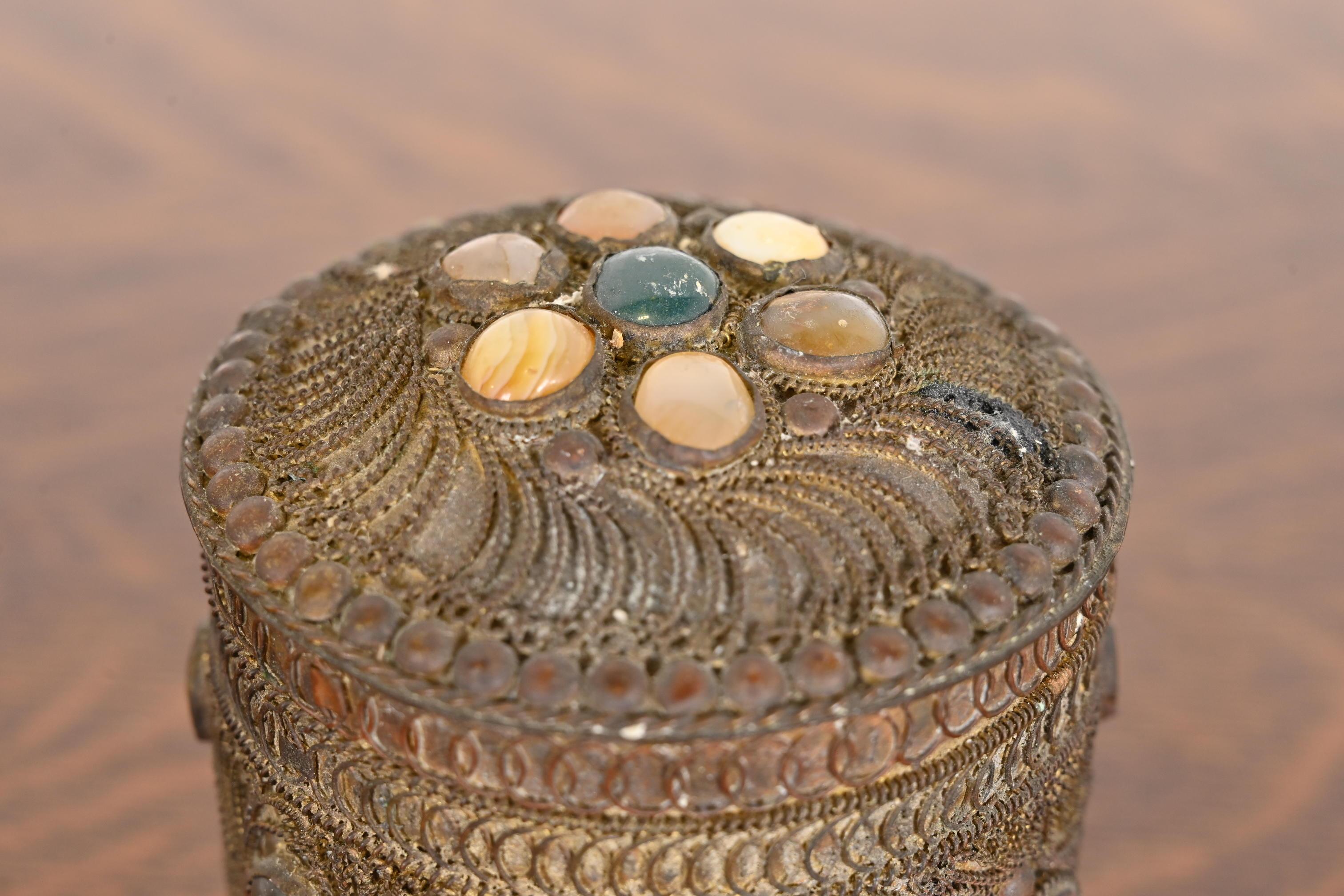 20th Century Antique Tibetan Bronze Filigree and Agate Trinket Jar For Sale