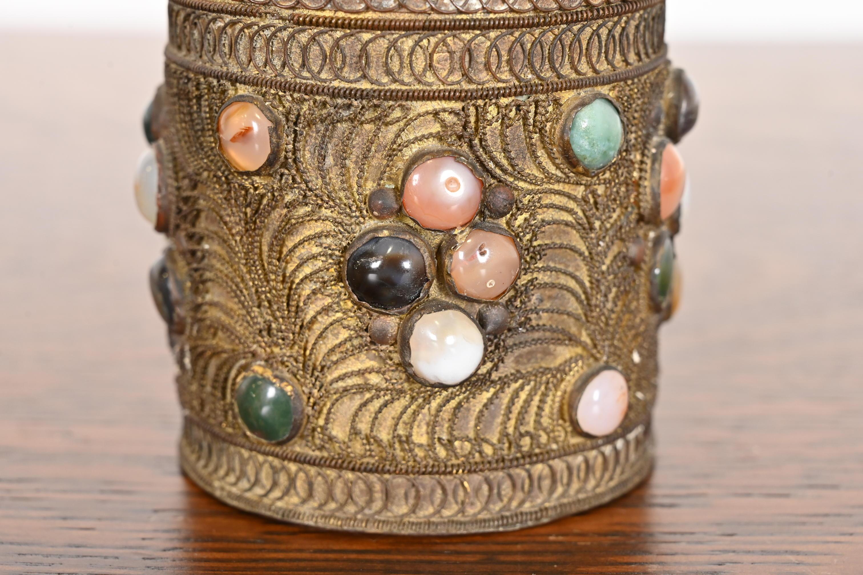 Antique Tibetan Bronze Filigree and Agate Trinket Jar For Sale 1