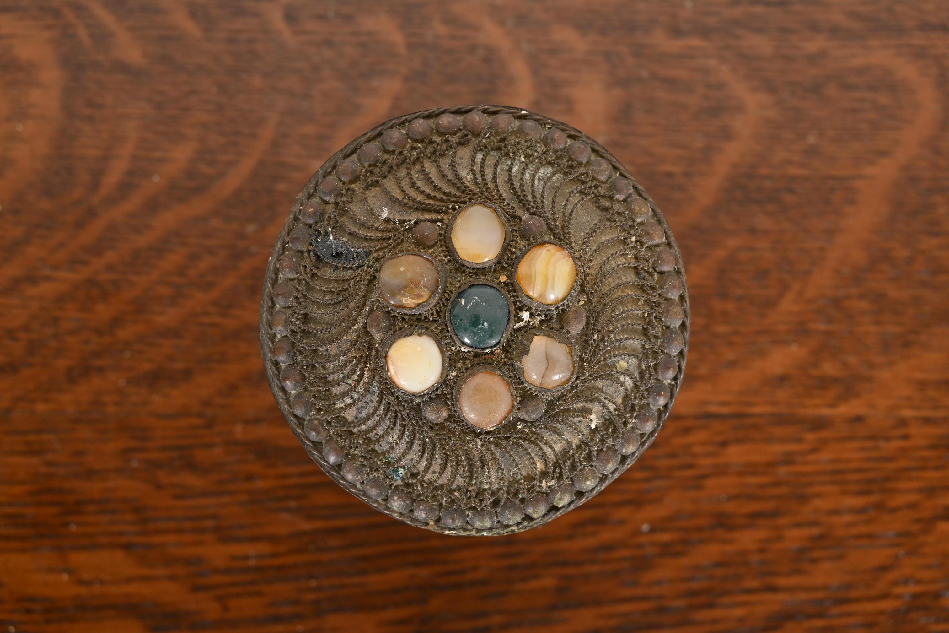 Antique Tibetan Bronze Filigree and Agate Trinket Jar For Sale 2