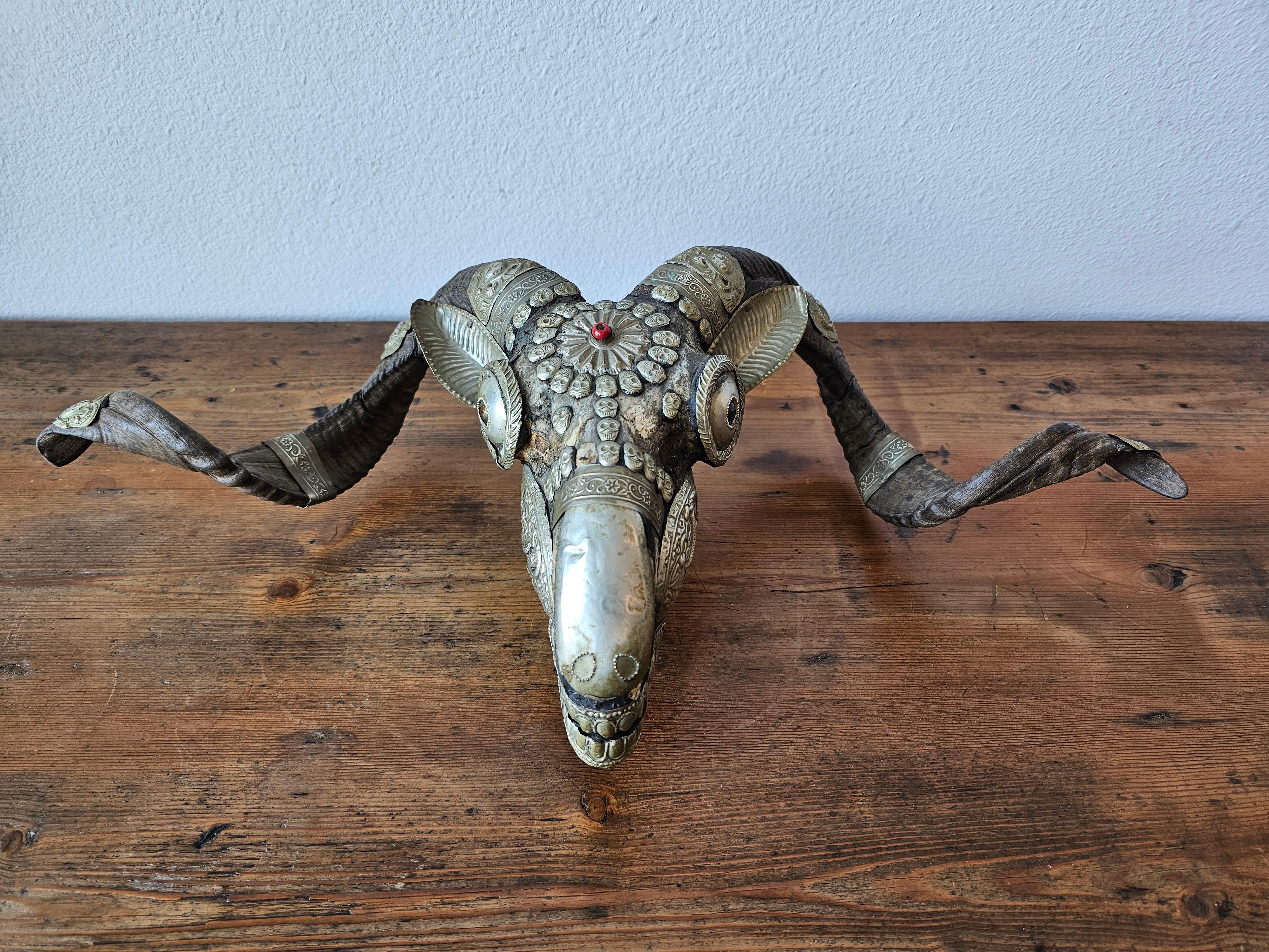 Antique Tibetan Buddhist Ritual Silver Mounted Horned Sheep Skull Kapala For Sale 4