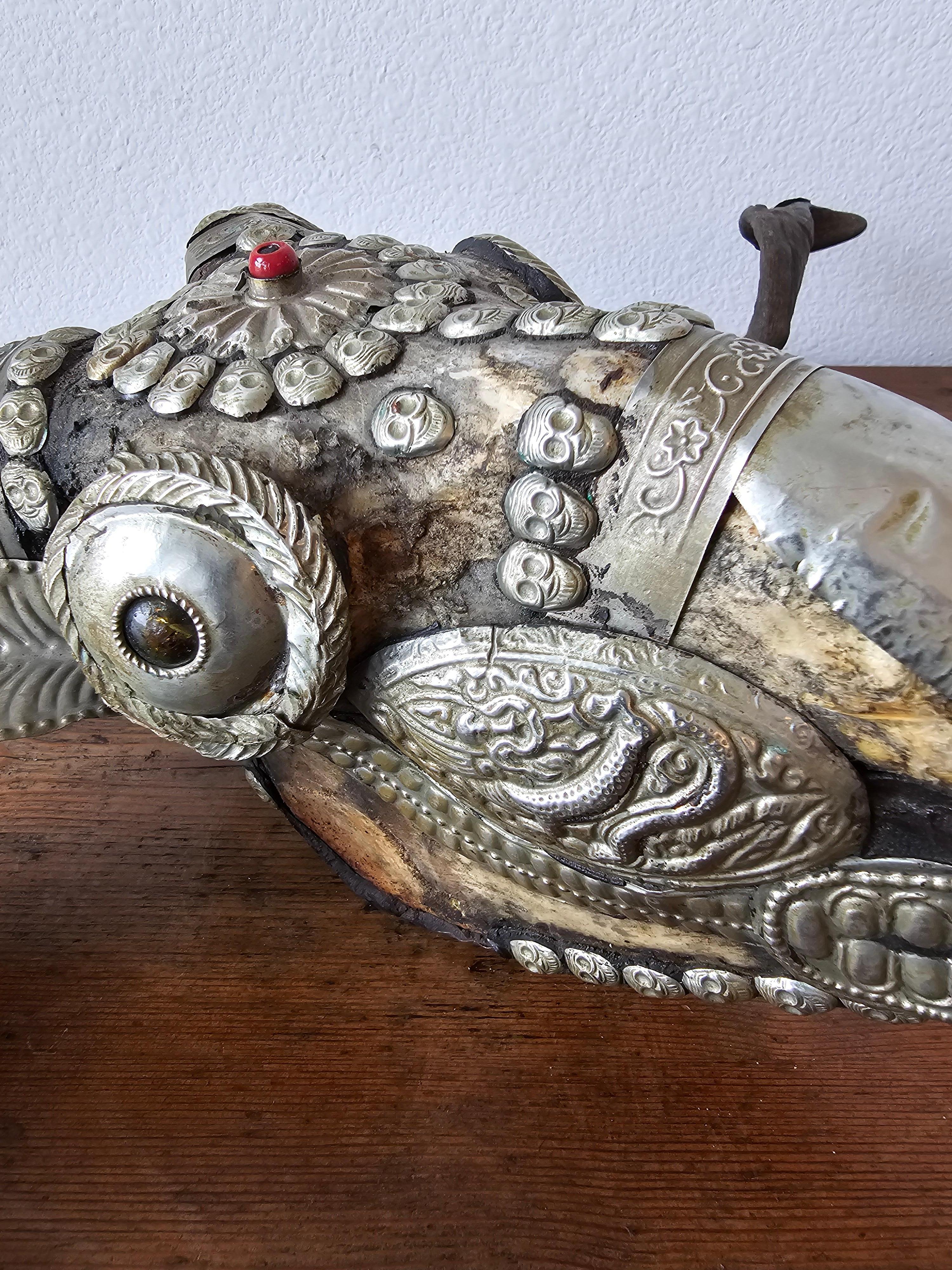 Antique Tibetan Buddhist Ritual Silver Mounted Horned Sheep Skull Kapala For Sale 7