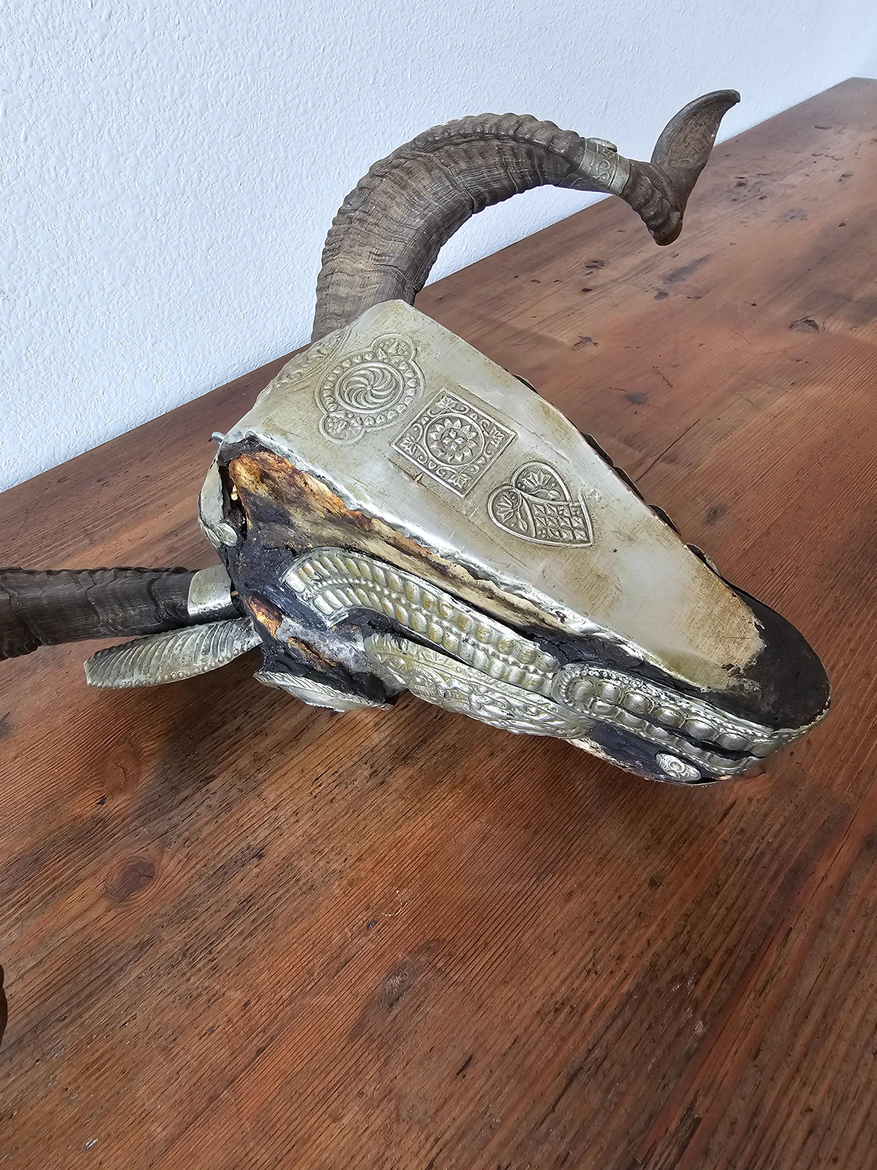 Antique Tibetan Buddhist Ritual Silver Mounted Horned Sheep Skull Kapala For Sale 12