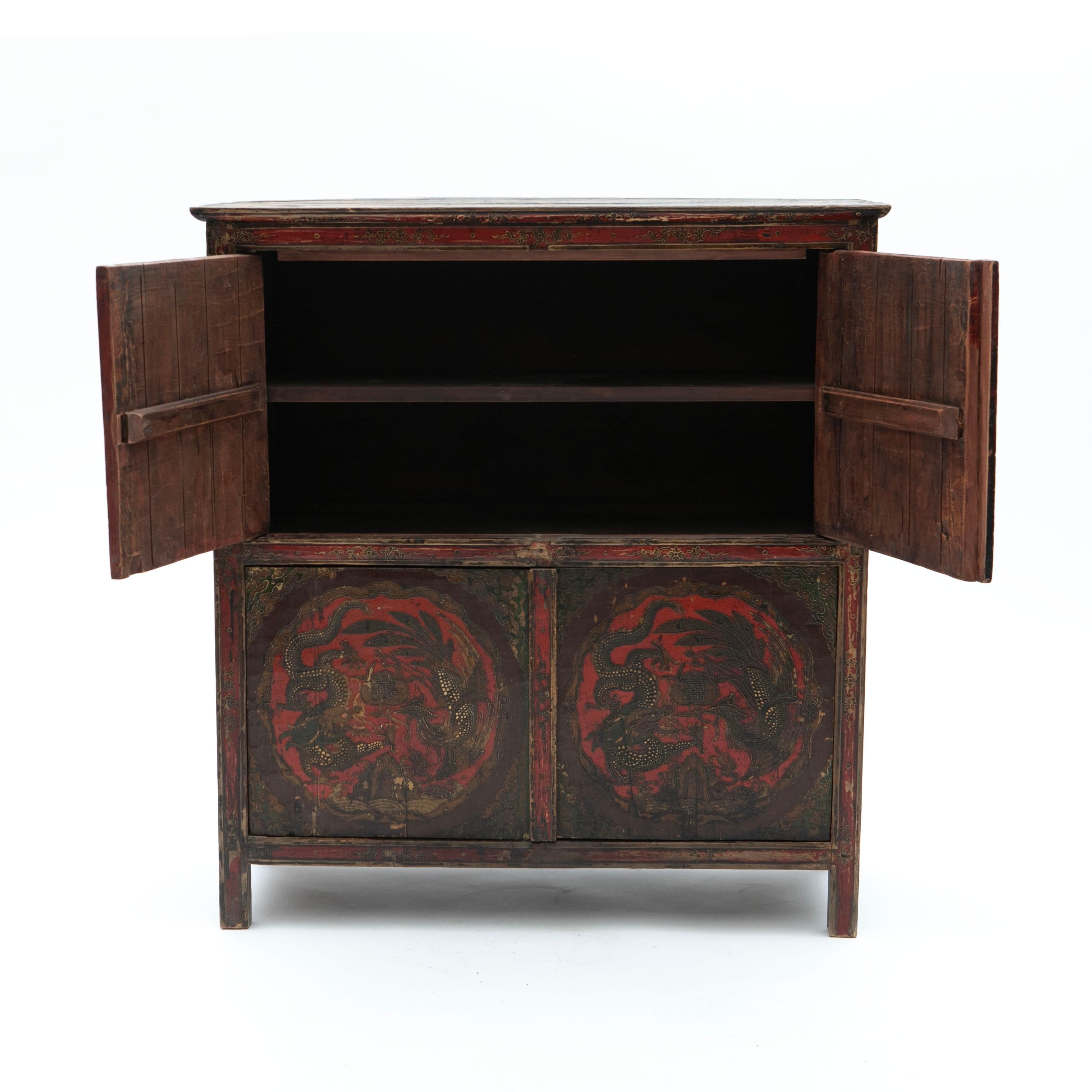 Other Antique Tibetan Cabinet with Original Dragon Motif Decoration For Sale