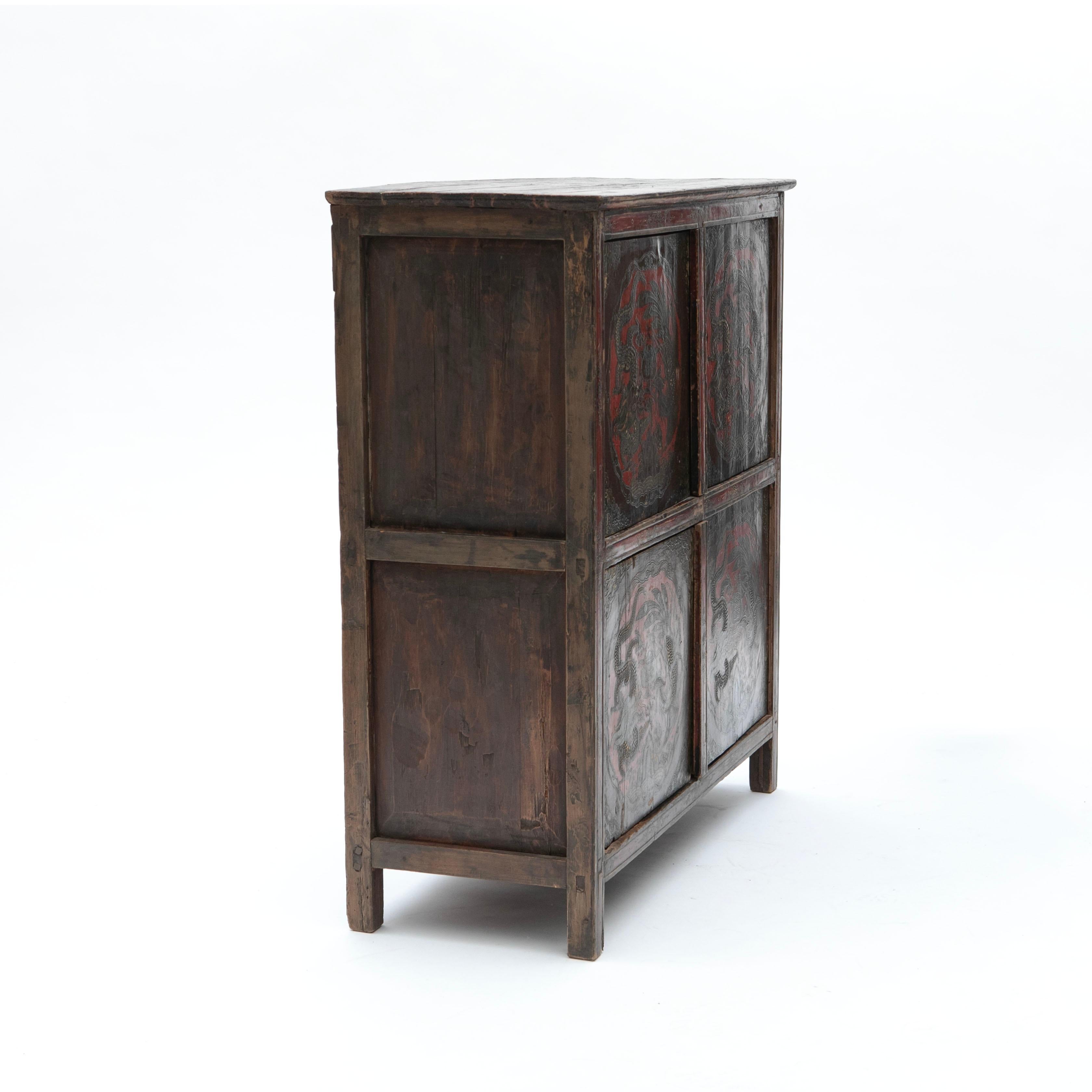 Painted Antique Tibetan Cabinet with Original Dragon Motif Decoration For Sale