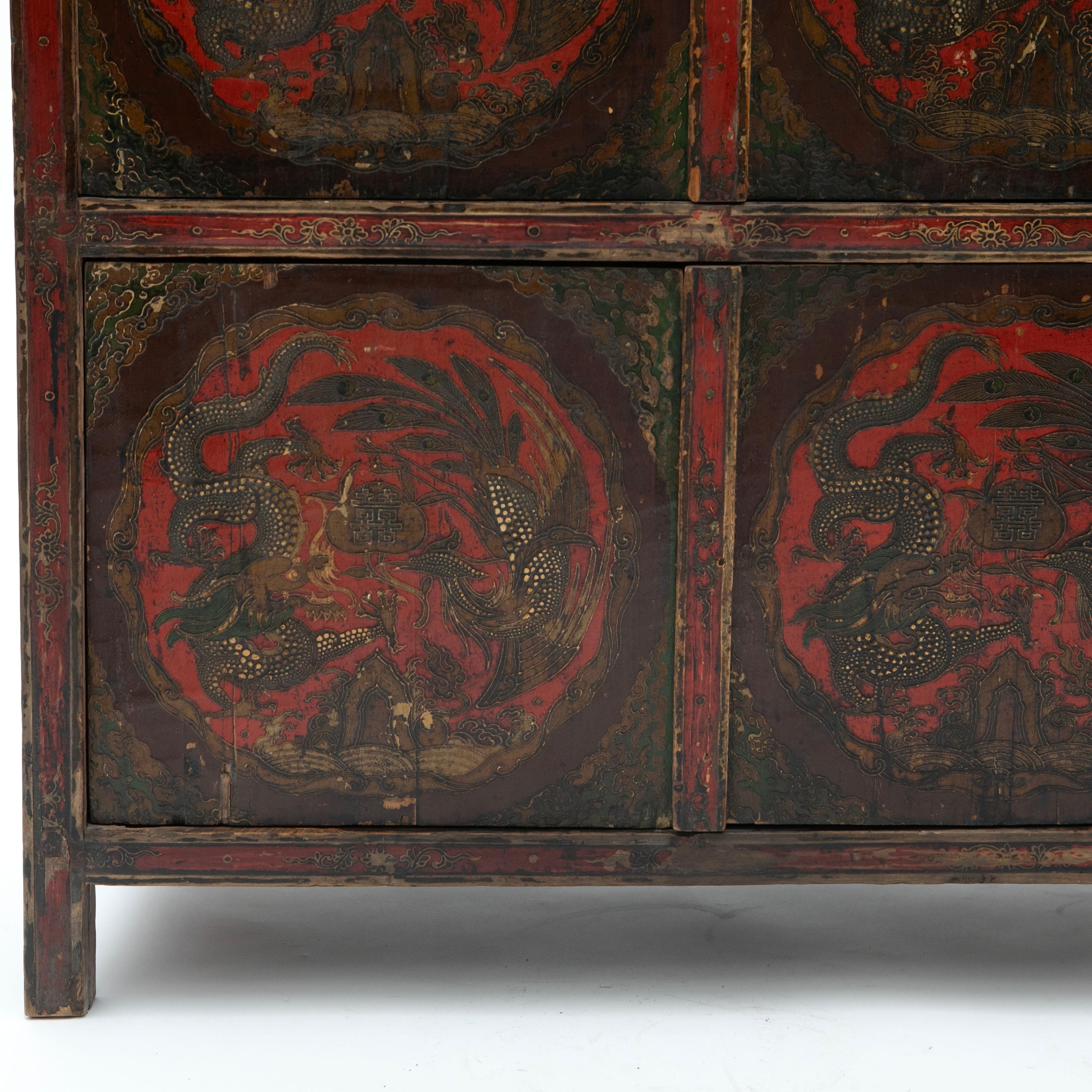 19th Century Antique Tibetan Cabinet with Original Dragon Motif Decoration For Sale