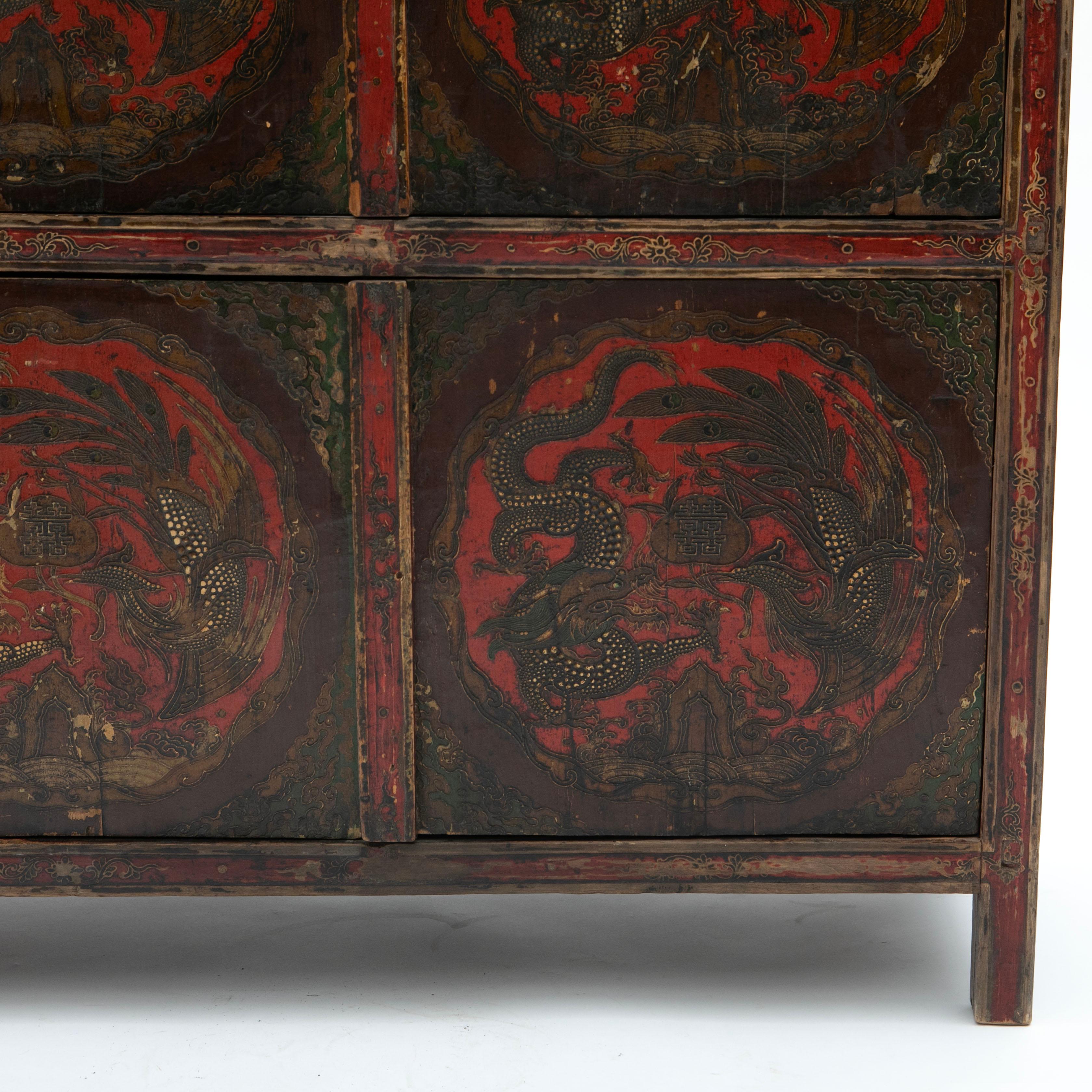 Wood Antique Tibetan Cabinet with Original Dragon Motif Decoration For Sale