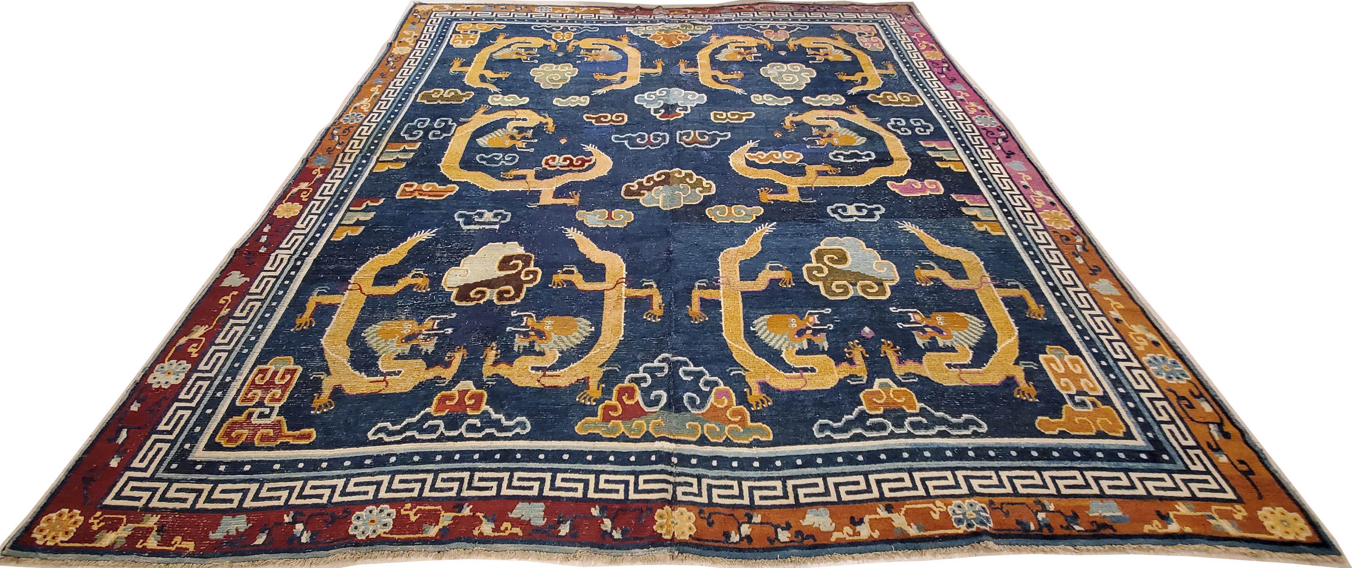 Antique Tibetan Carpet, Circa 1880 Handmade Oriental Rug, Blue, Gold, Tan, Cream 1