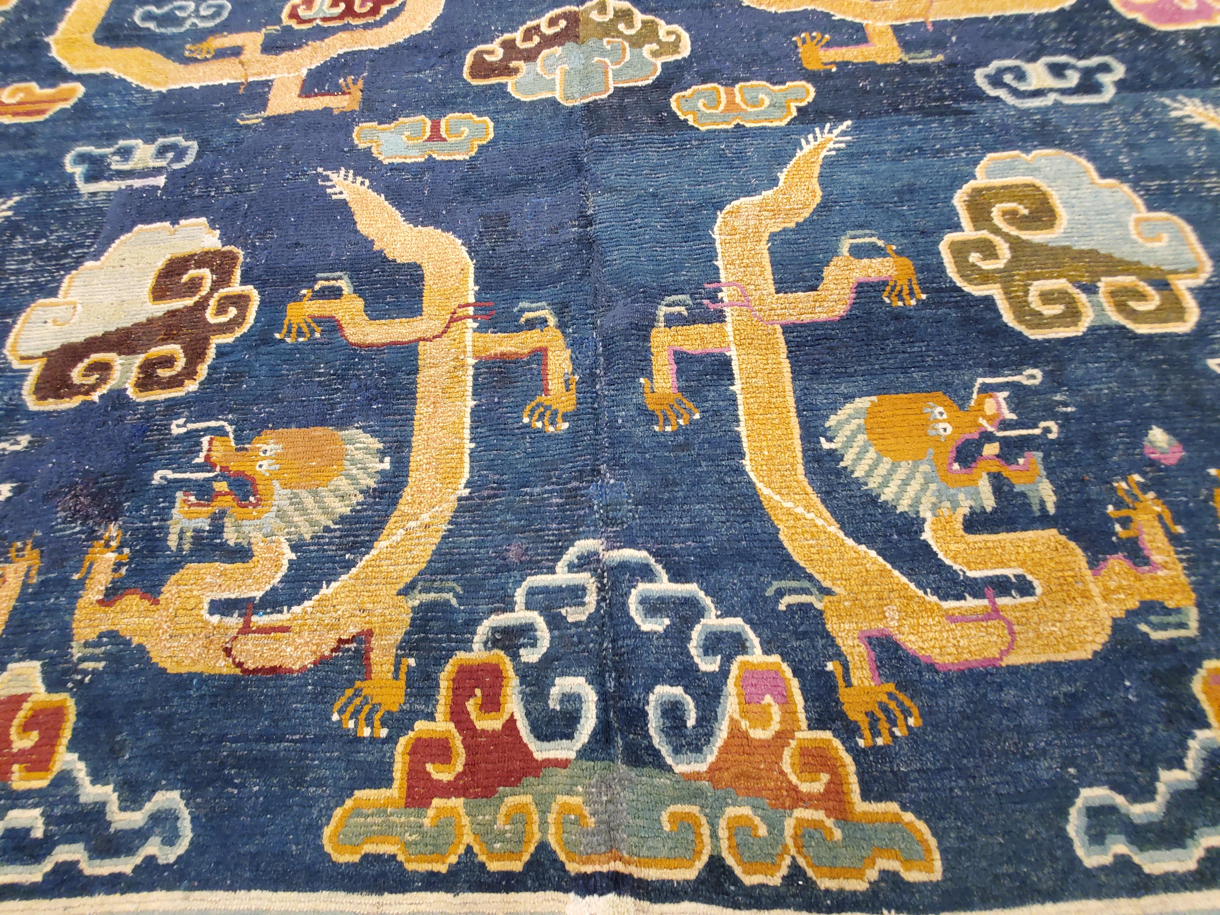 Antique Tibetan Carpet, Circa 1880 Handmade Oriental Rug, Blue, Gold, Tan, Cream 2