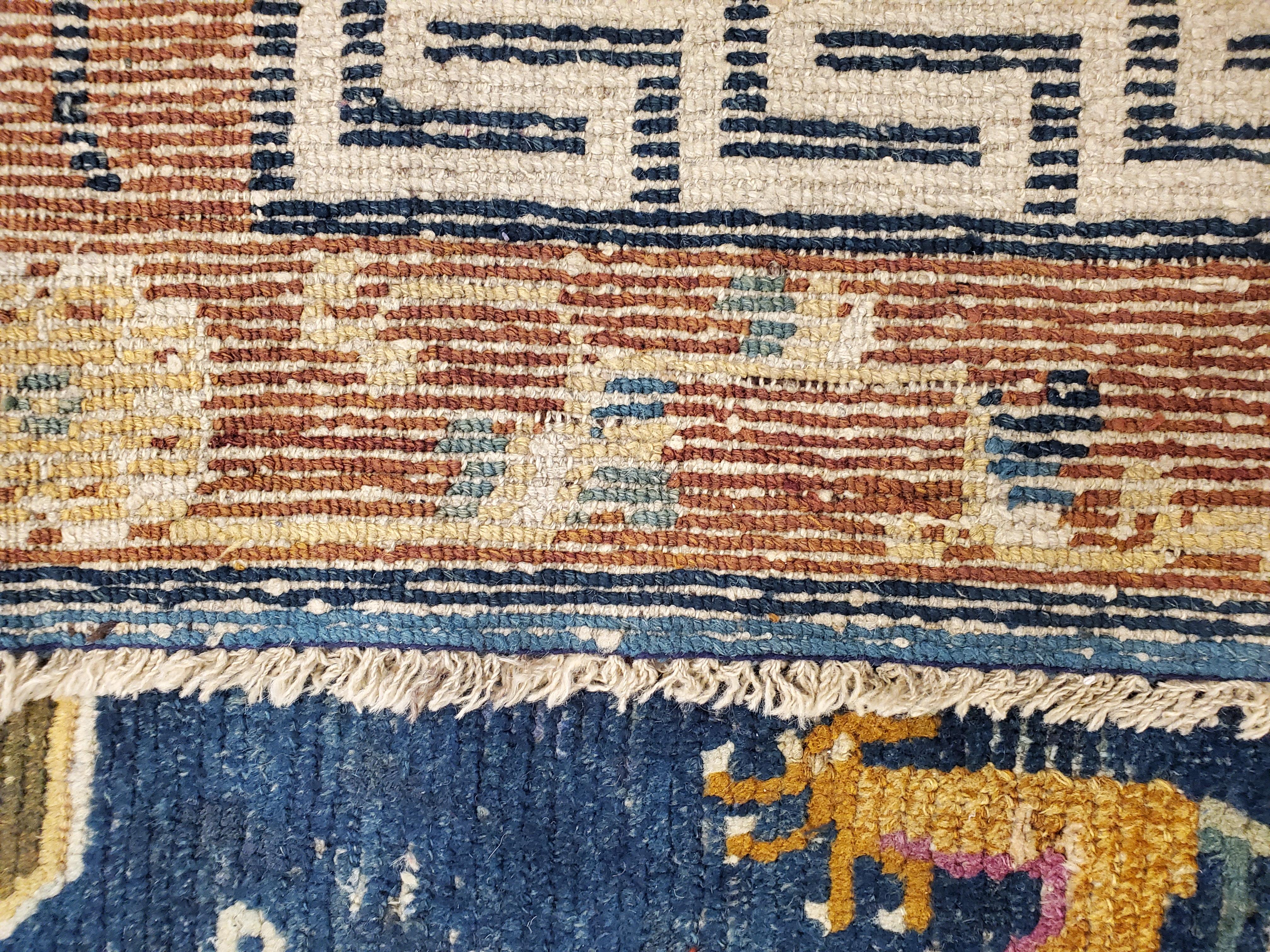 Antique Tibetan Carpet, Circa 1880 Handmade Oriental Rug, Blue, Gold, Tan, Cream 3
