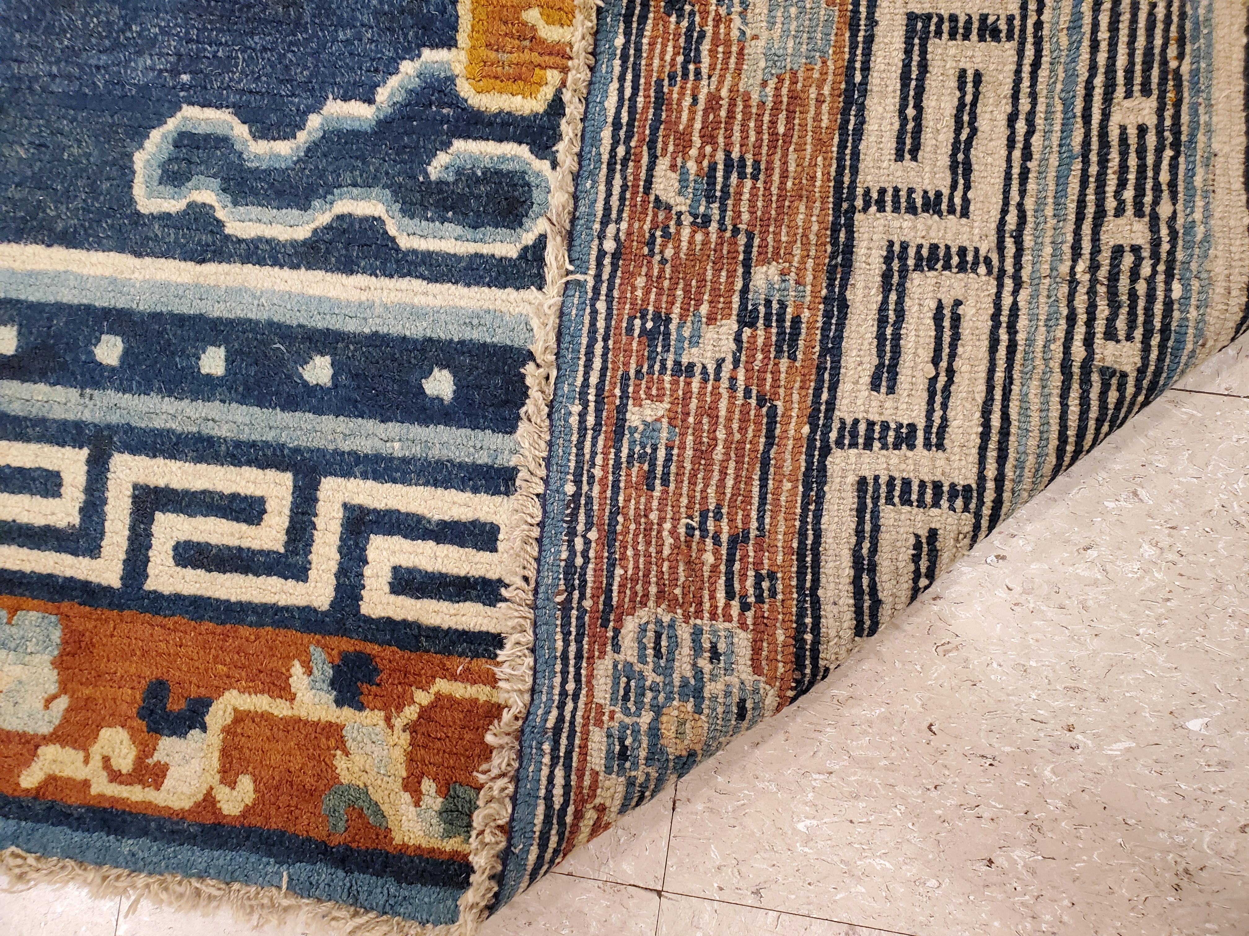 Antique Tibetan Carpet, Circa 1880 Handmade Oriental Rug, Blue, Gold, Tan, Cream 5