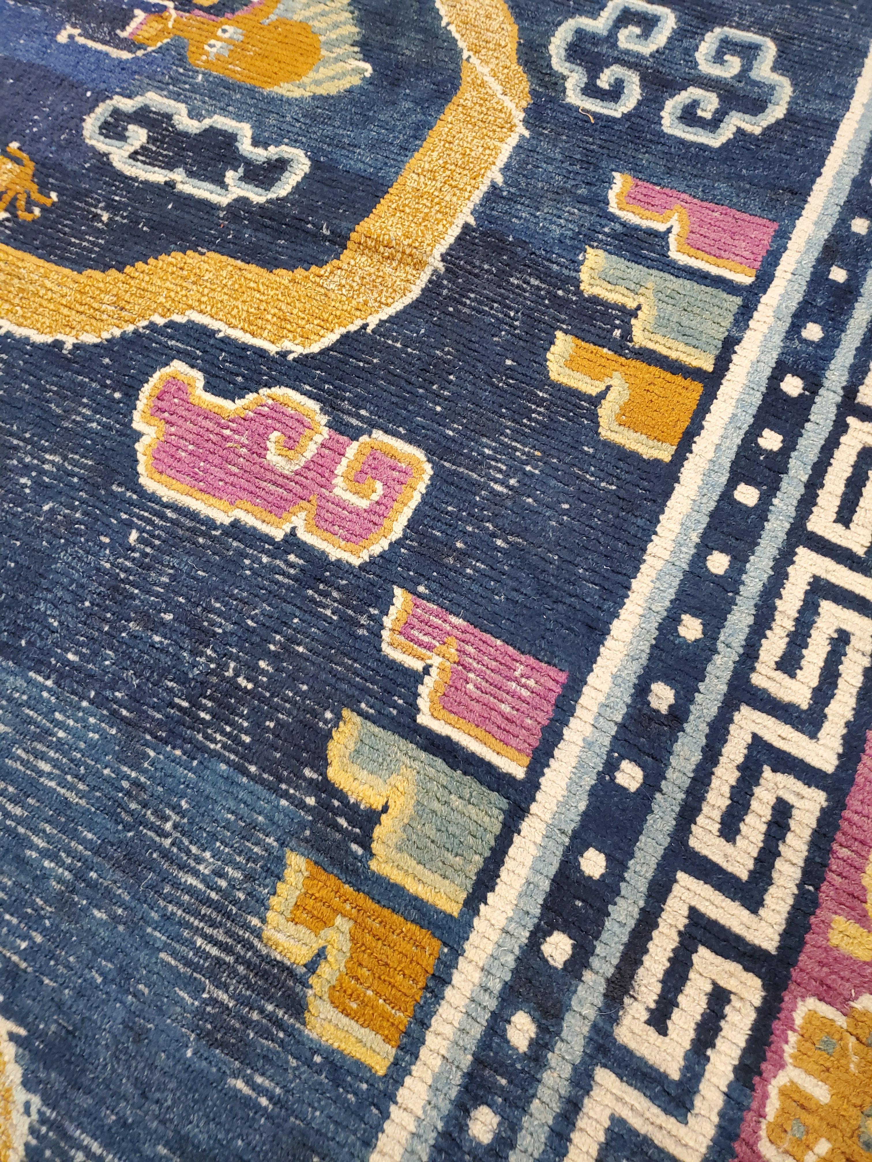 Antique Tibetan Carpet, Circa 1880 Handmade Oriental Rug, Blue, Gold, Tan, Cream 6
