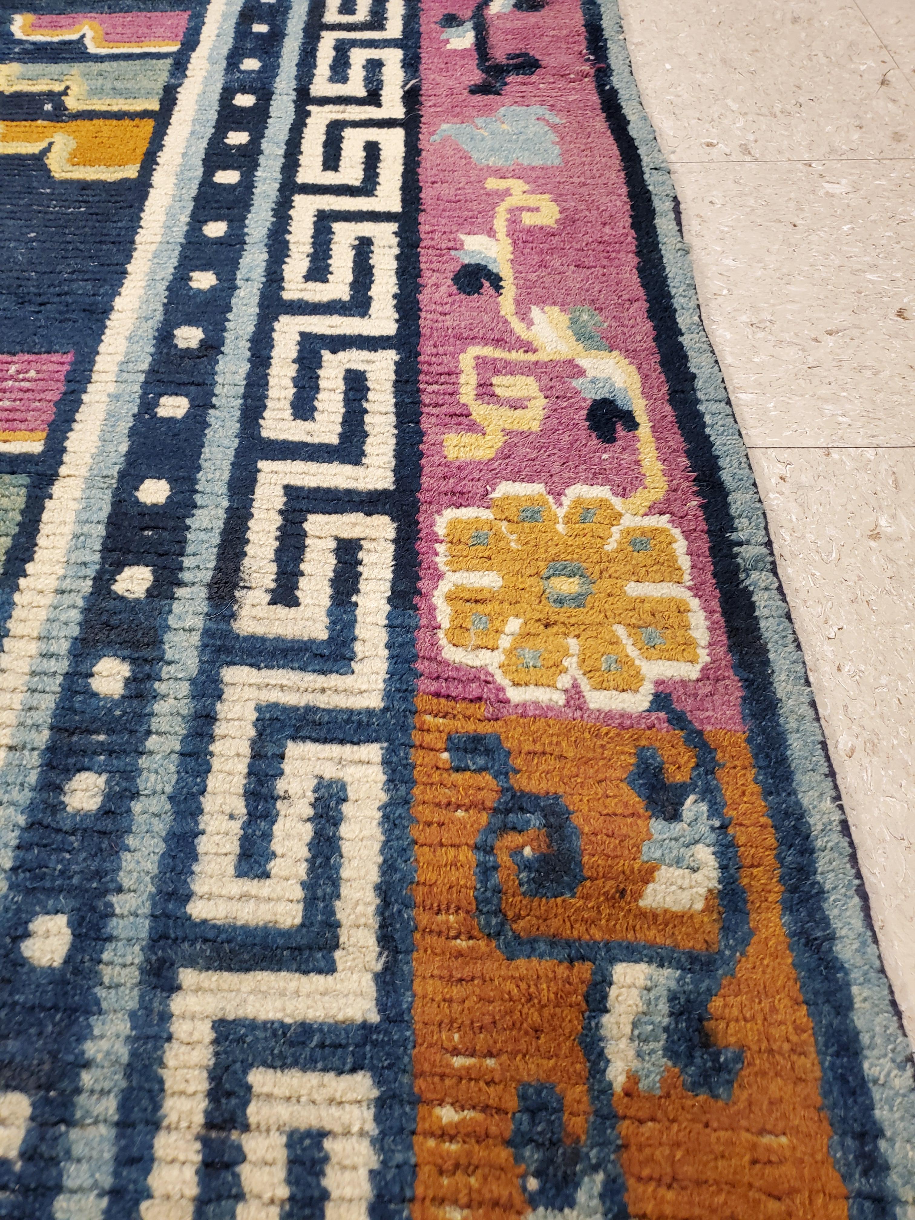 Antique Tibetan Carpet, Circa 1880 Handmade Oriental Rug, Blue, Gold, Tan, Cream 7