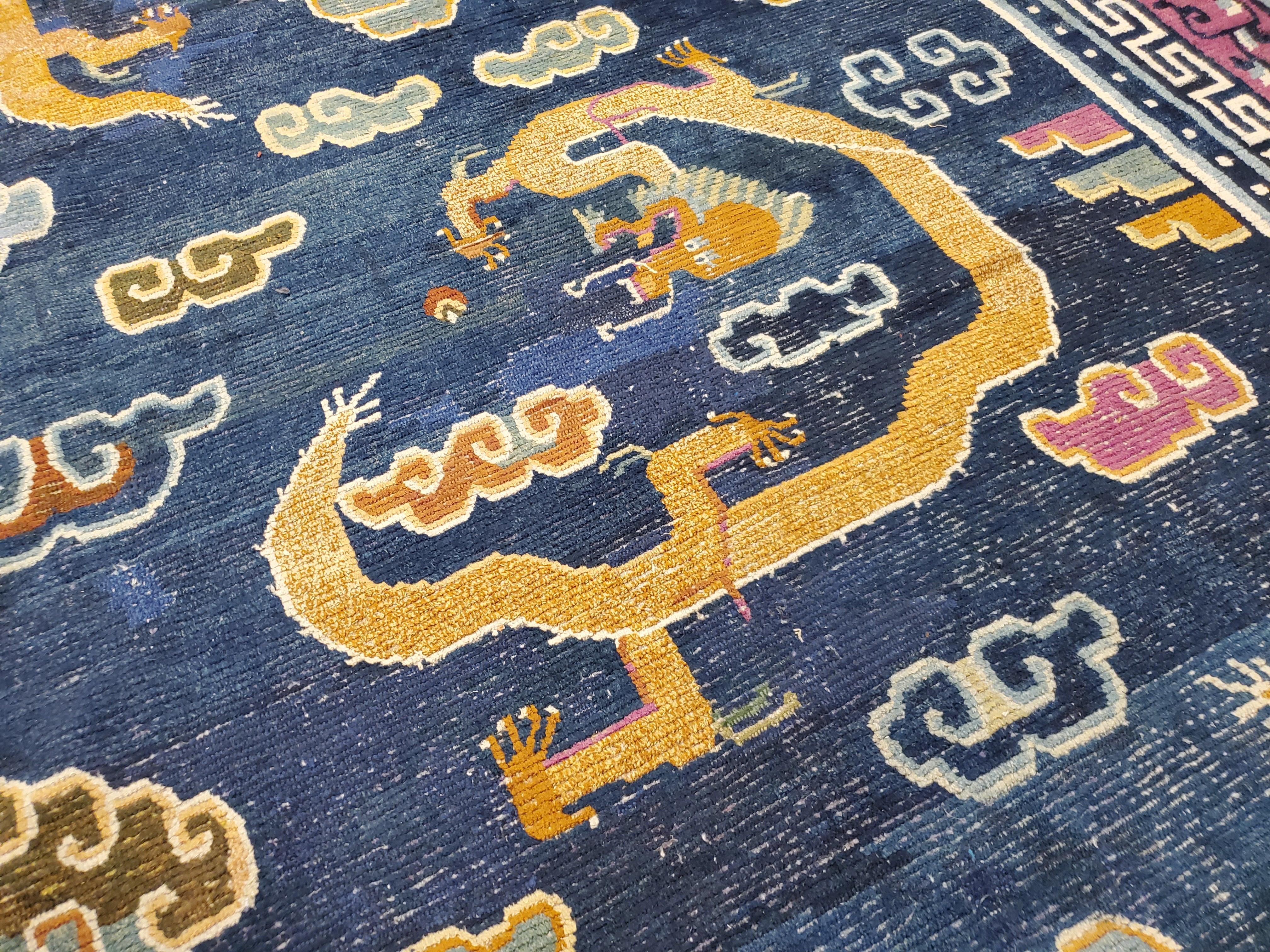 Antique Tibetan Carpet, Circa 1880 Handmade Oriental Rug, Blue, Gold, Tan, Cream 9