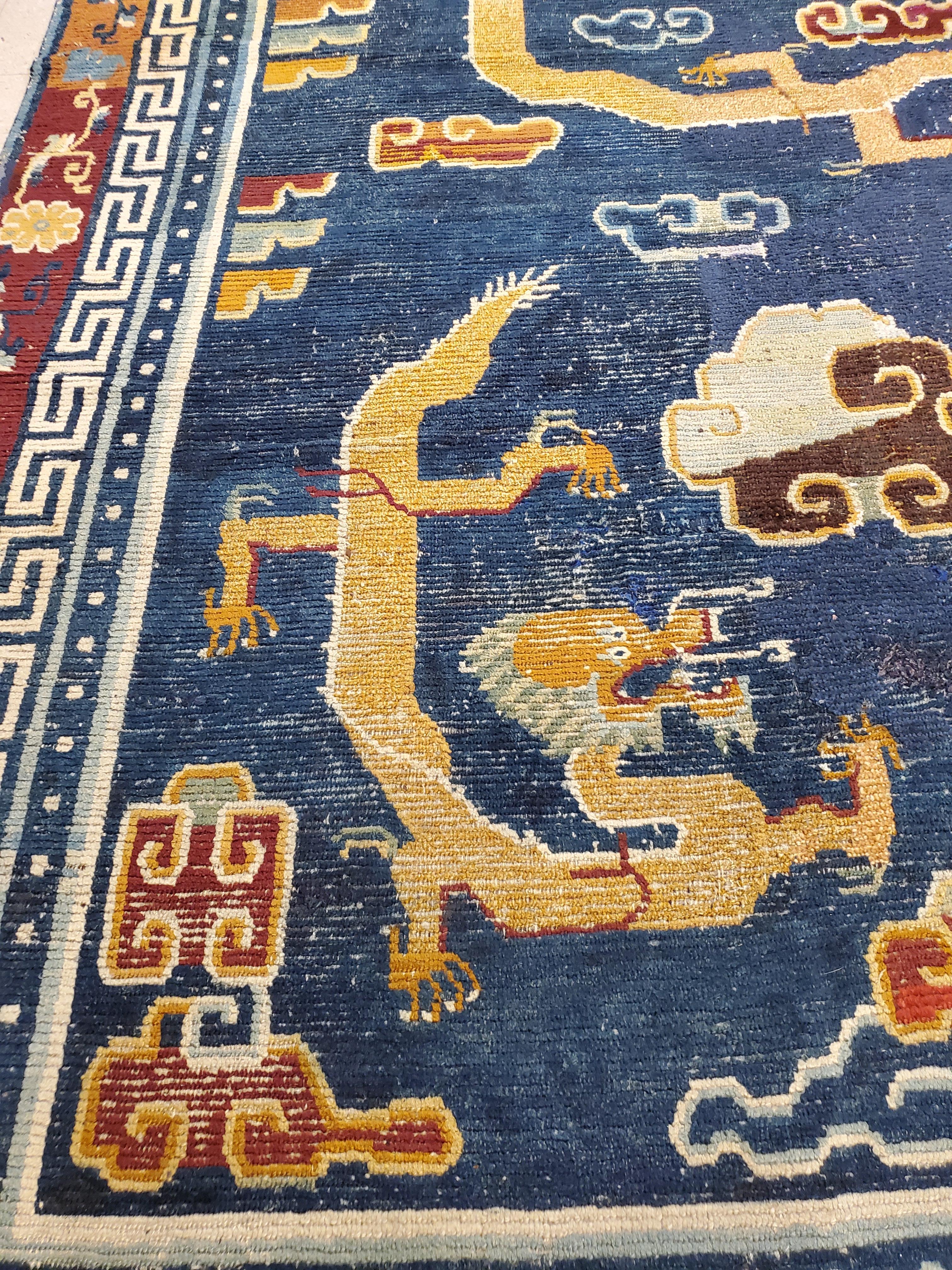 Antique Tibetan Carpet, Circa 1880 Handmade Oriental Rug, Blue, Gold, Tan, Cream 10