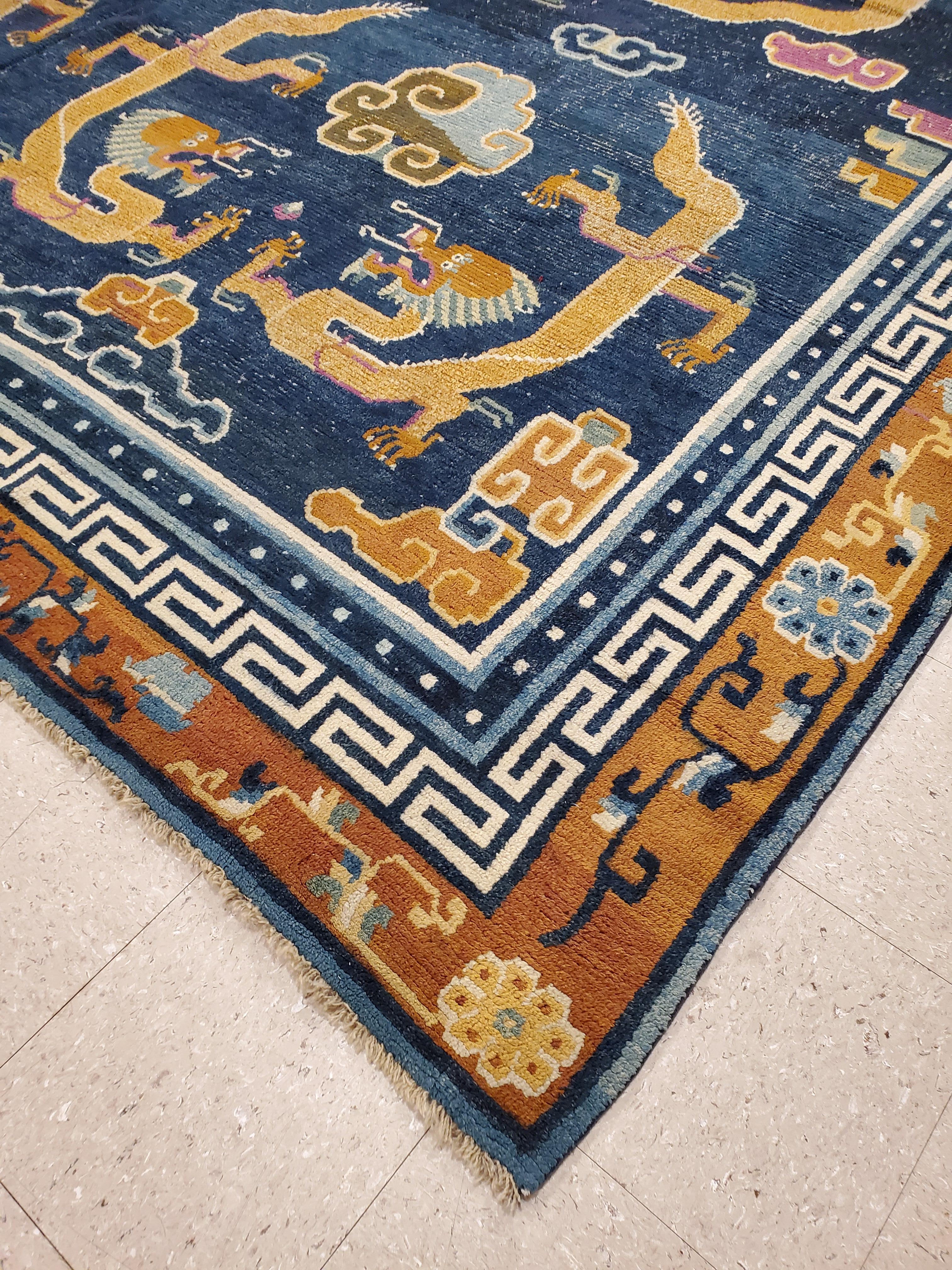 Antique Tibetan Carpet, Circa 1880 Handmade Oriental Rug, Blue, Gold, Tan, Cream 11