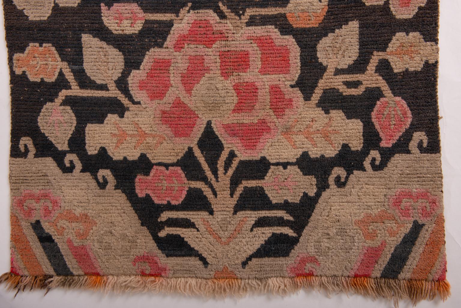 Wool Antique Tibetan Carpet with Flowers For Sale