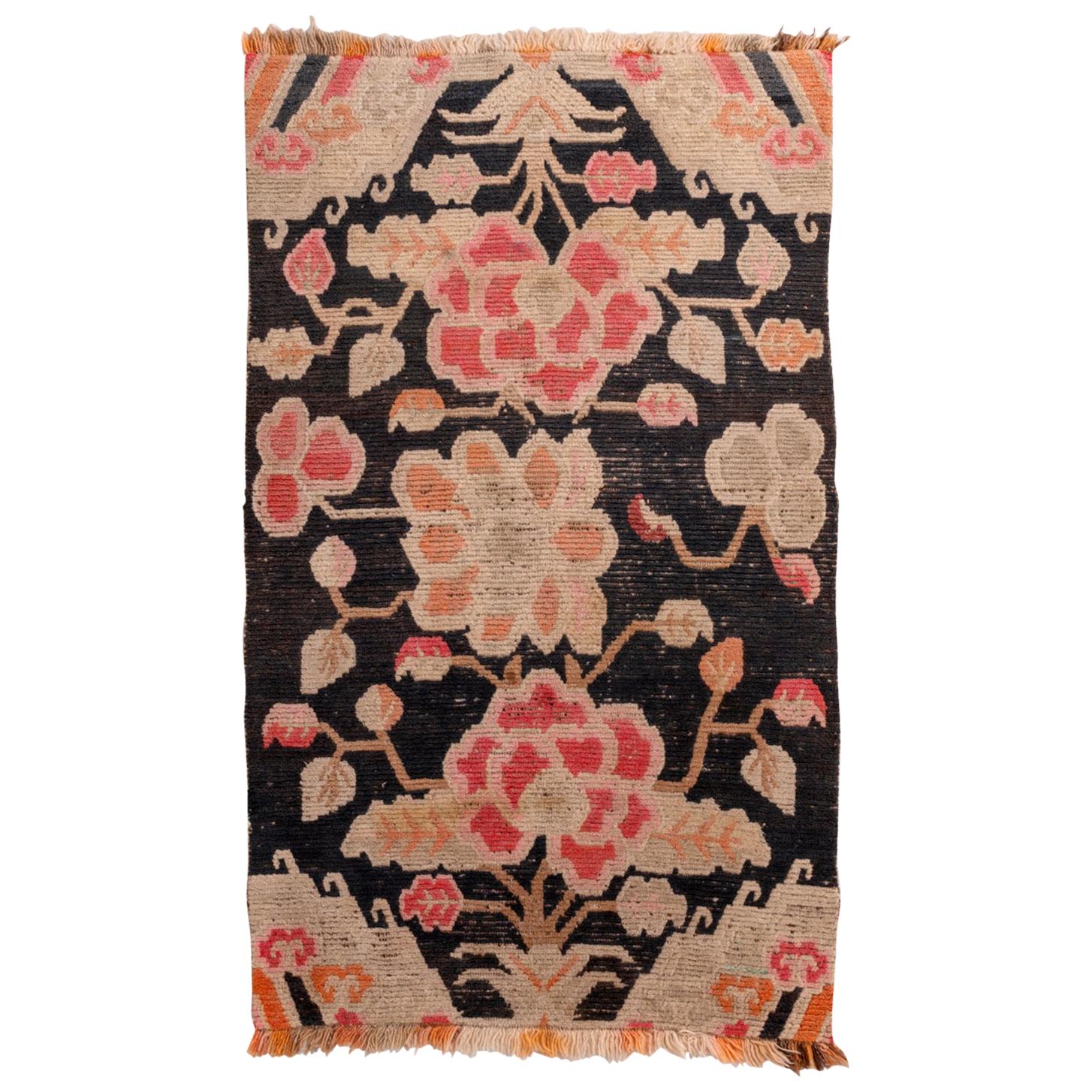 Antique Tibetan Carpet with Flowers from Private Collection