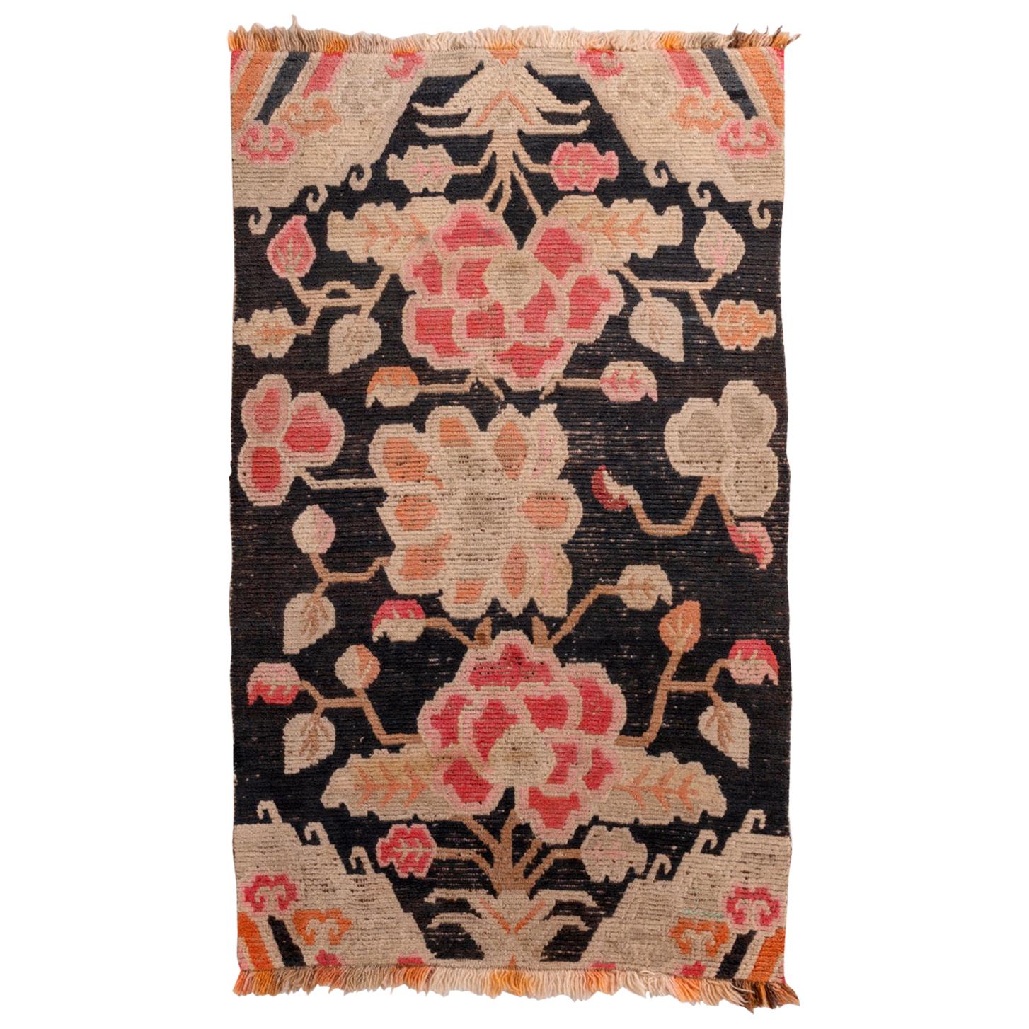 Antique Tibetan Carpet with Flowers