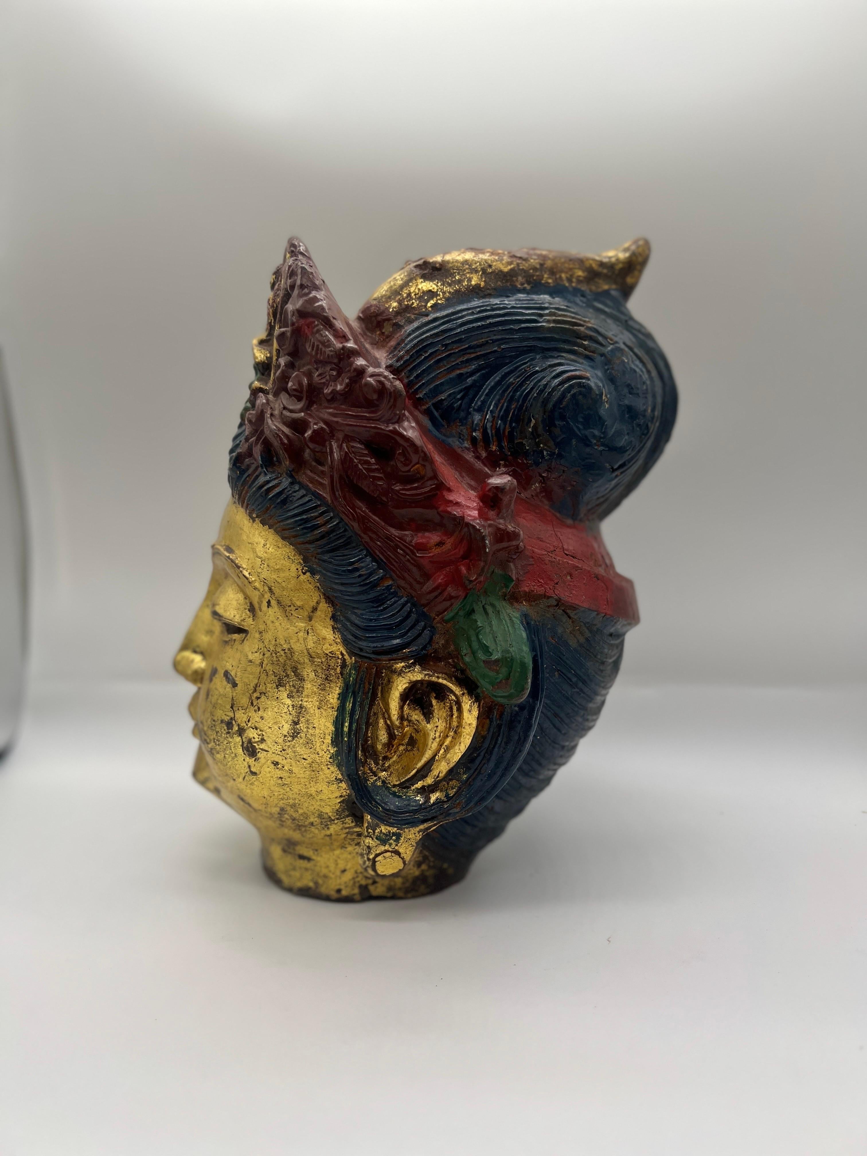 Antique Tibetan Cast Iron Buddha Head With Polychrome Decoration In Good Condition For Sale In Atlanta, GA