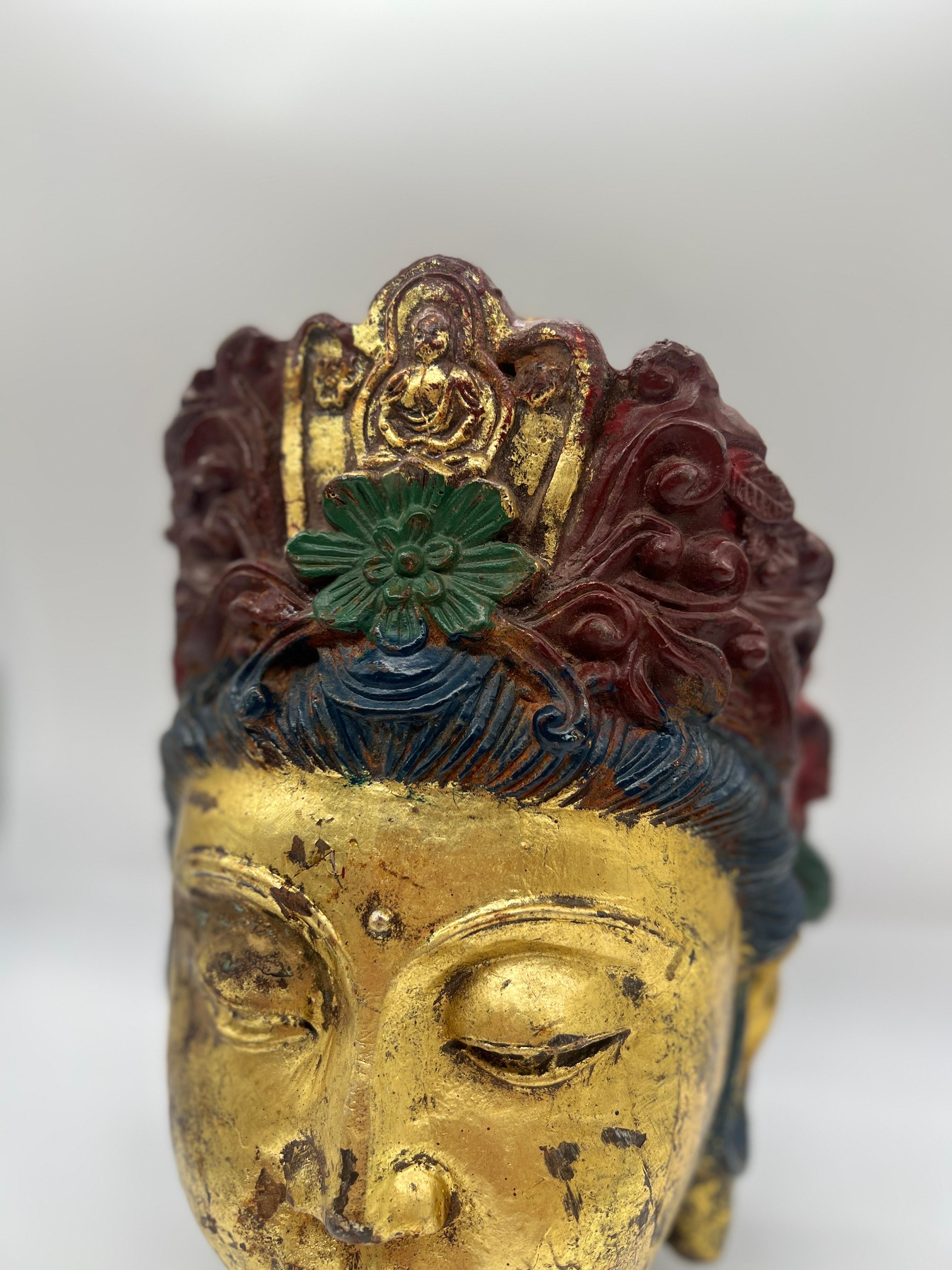 19th Century Antique Tibetan Cast Iron Buddha Head With Polychrome Decoration For Sale
