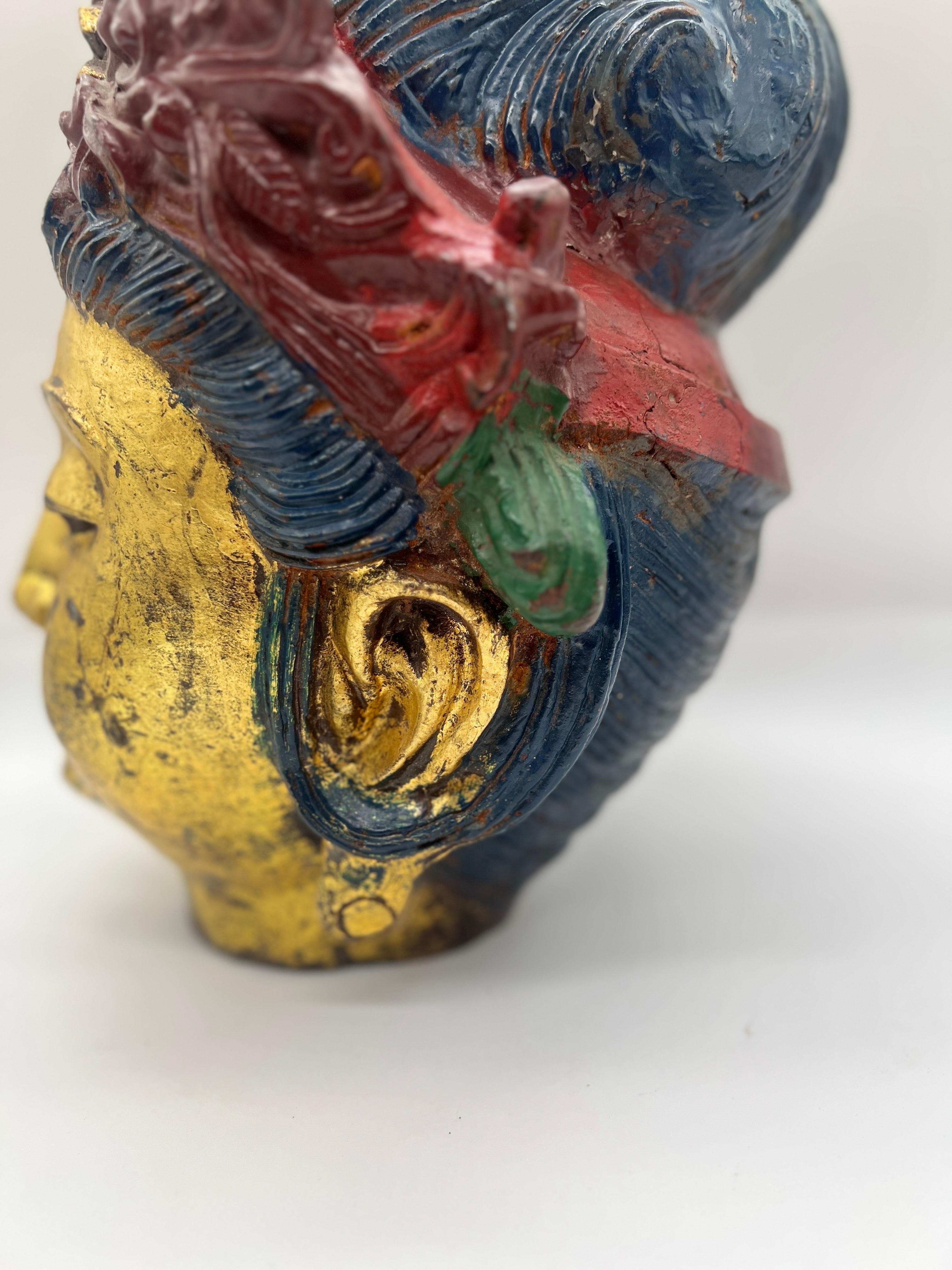 Antique Tibetan Cast Iron Buddha Head With Polychrome Decoration For Sale 3